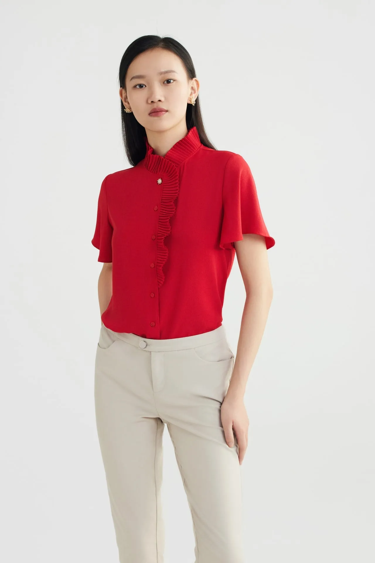 Pleated Stand Collar 
Blouse