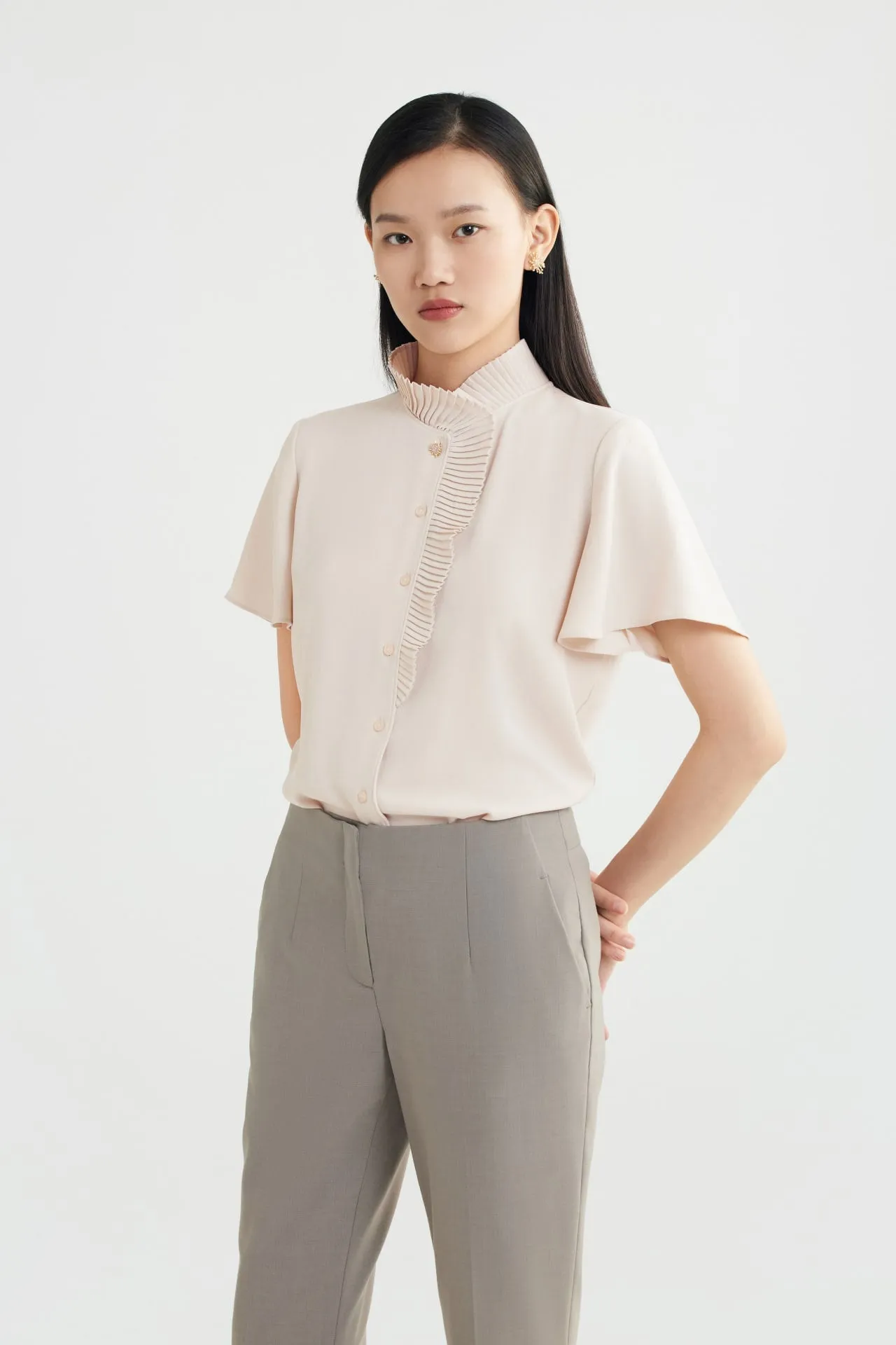 Pleated Stand Collar 
Blouse