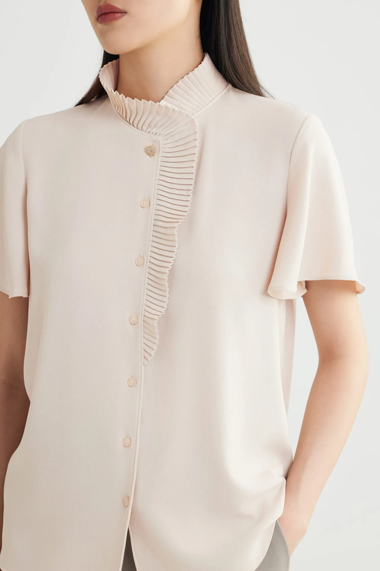 Pleated Stand Collar 
Blouse