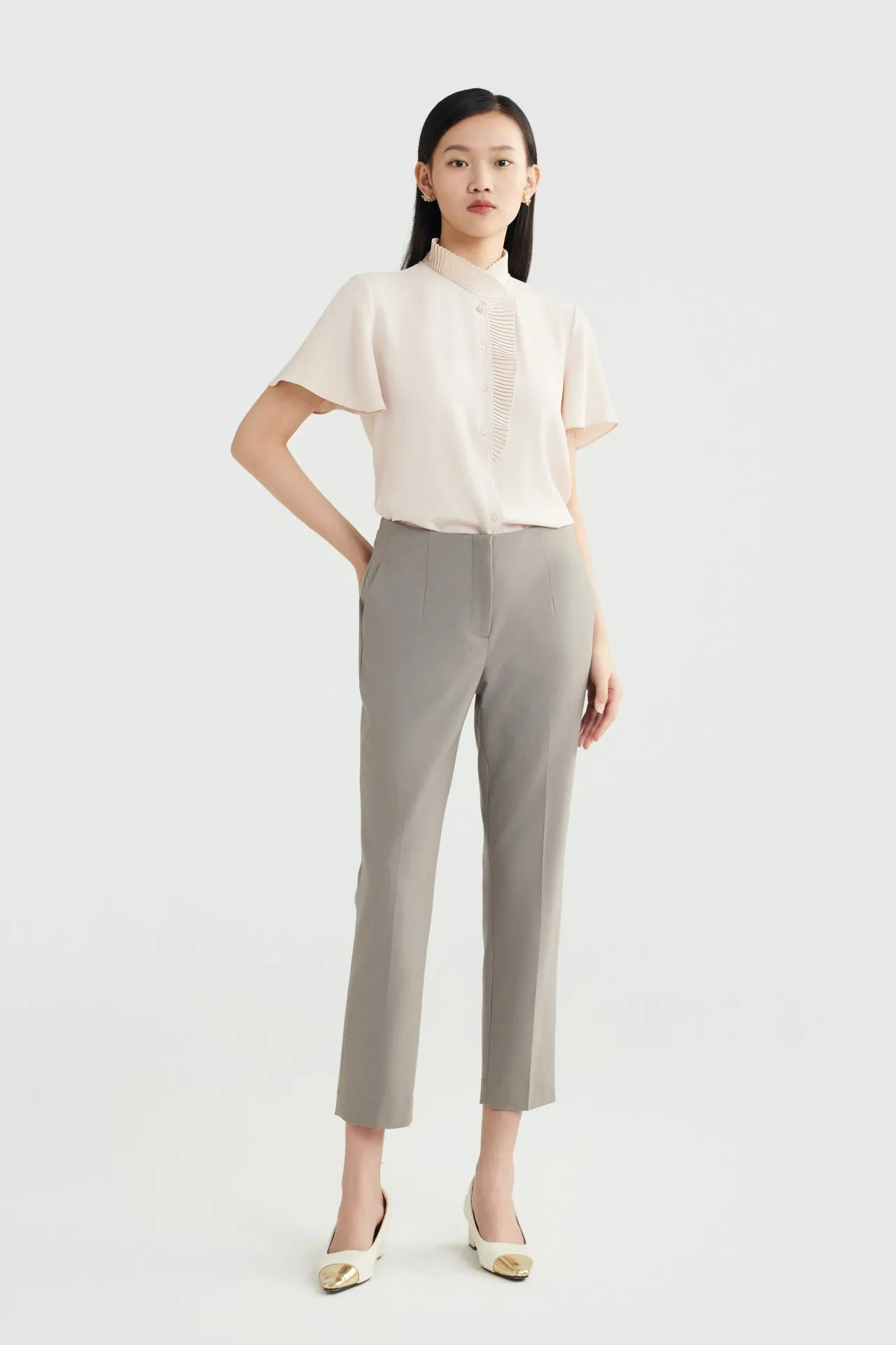 Pleated Stand Collar 
Blouse