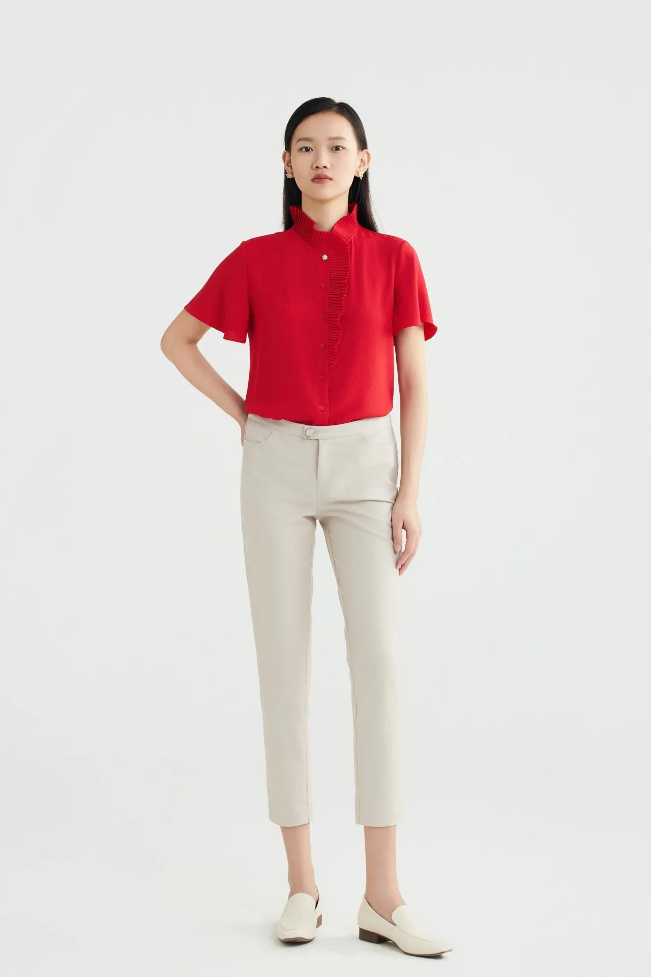 Pleated Stand Collar 
Blouse