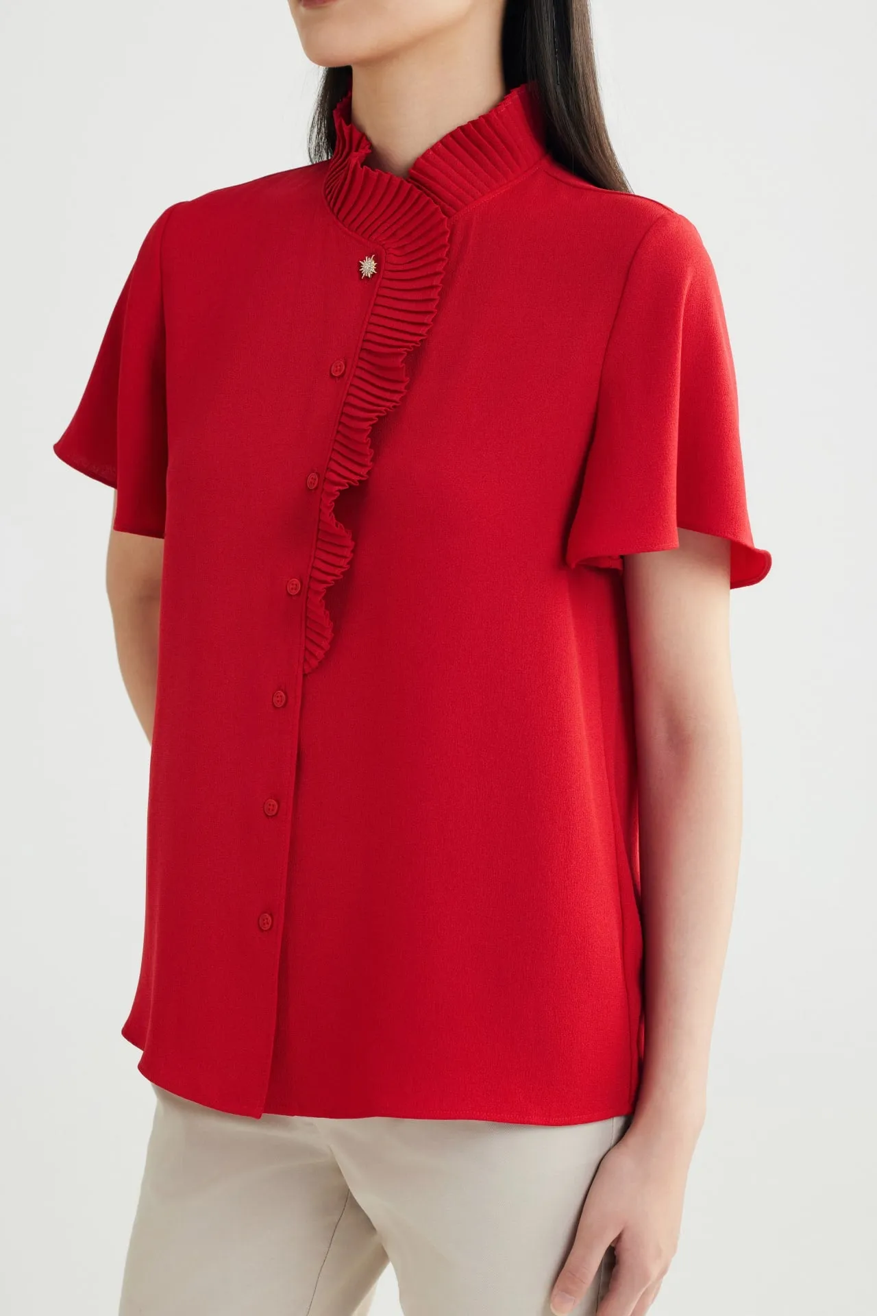 Pleated Stand Collar 
Blouse