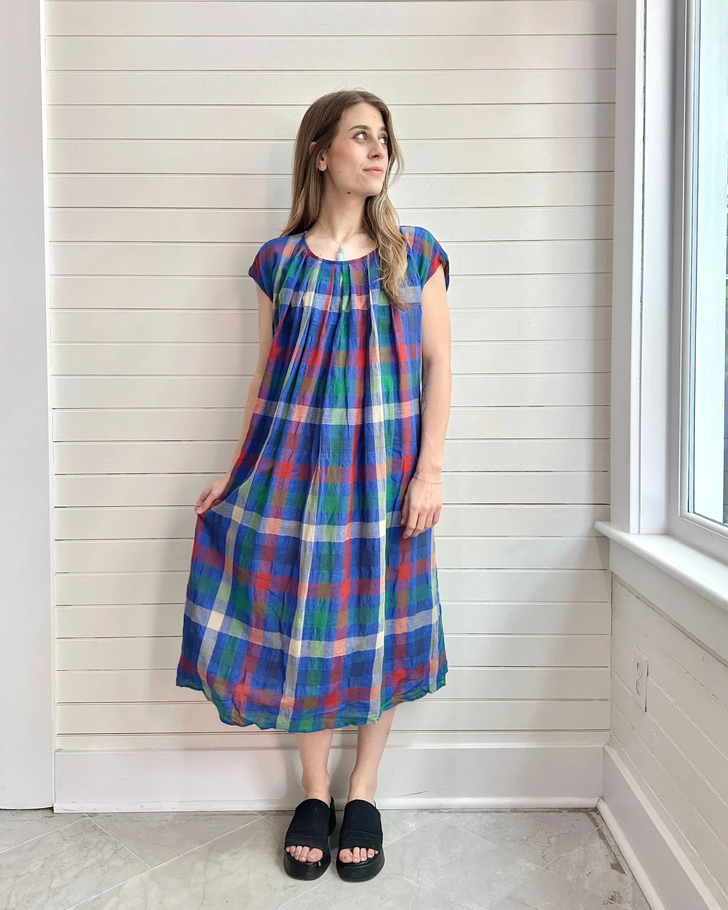 Pleated Tie Colorful Plaid  Dress