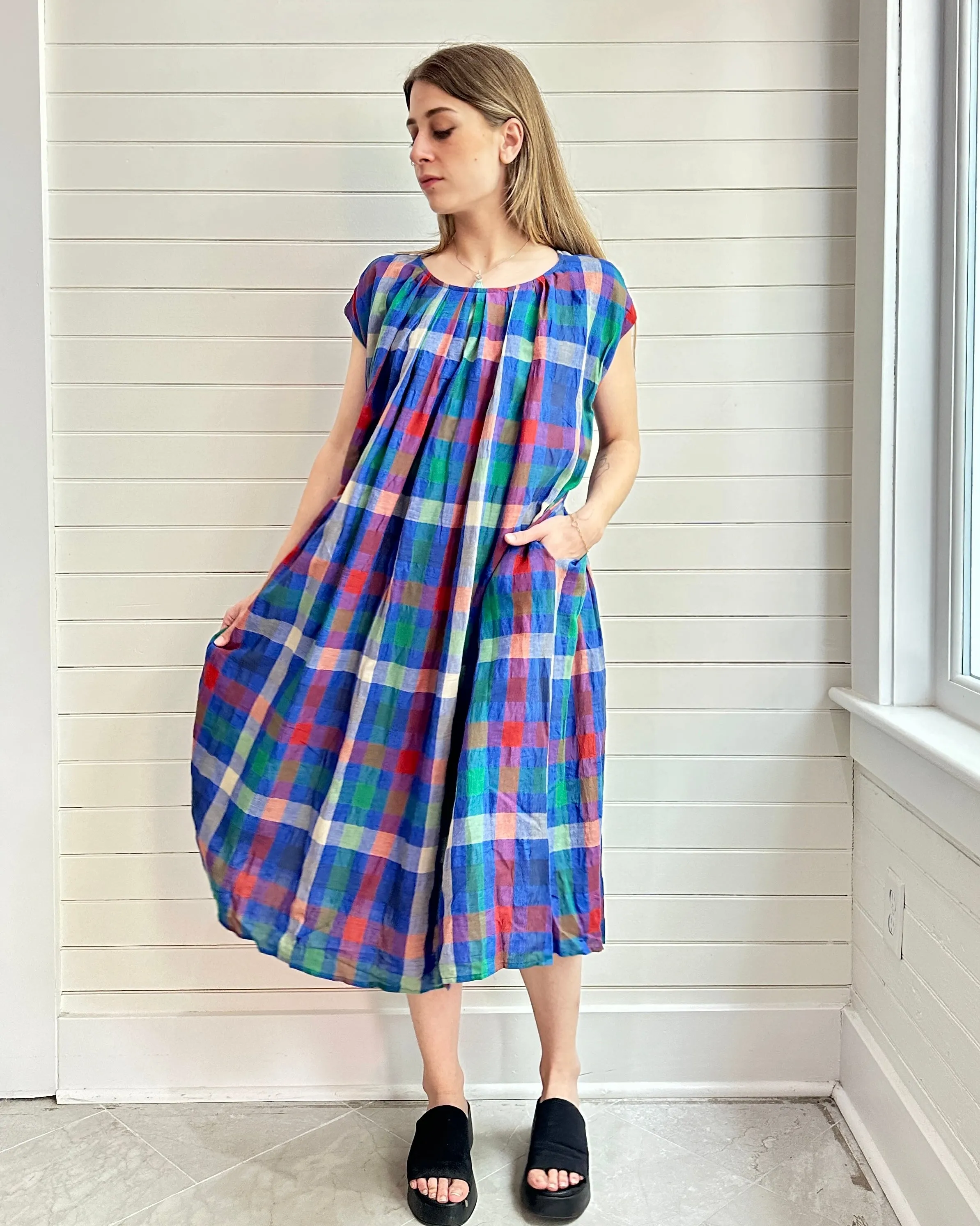 Pleated Tie Colorful Plaid  Dress