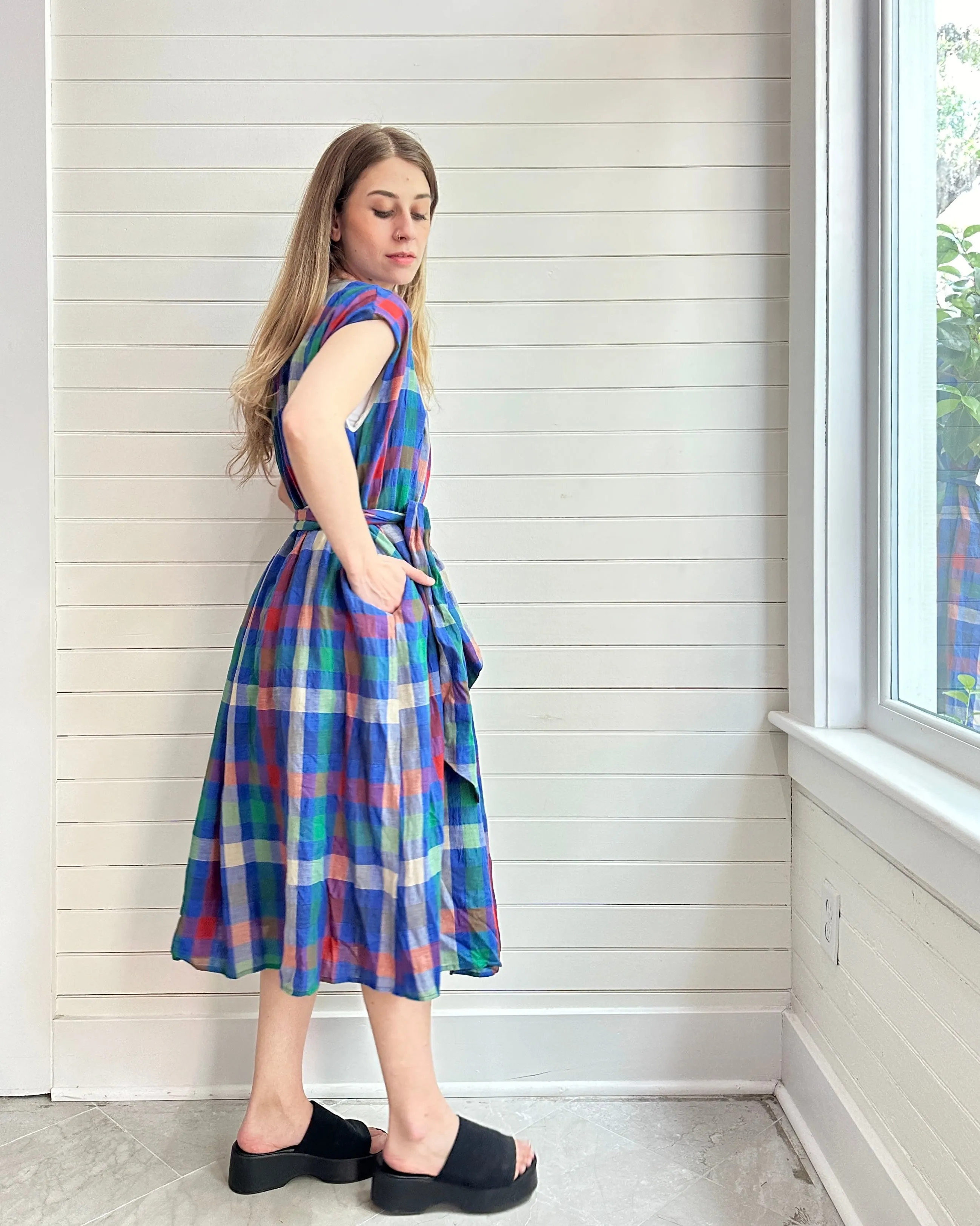 Pleated Tie Colorful Plaid  Dress