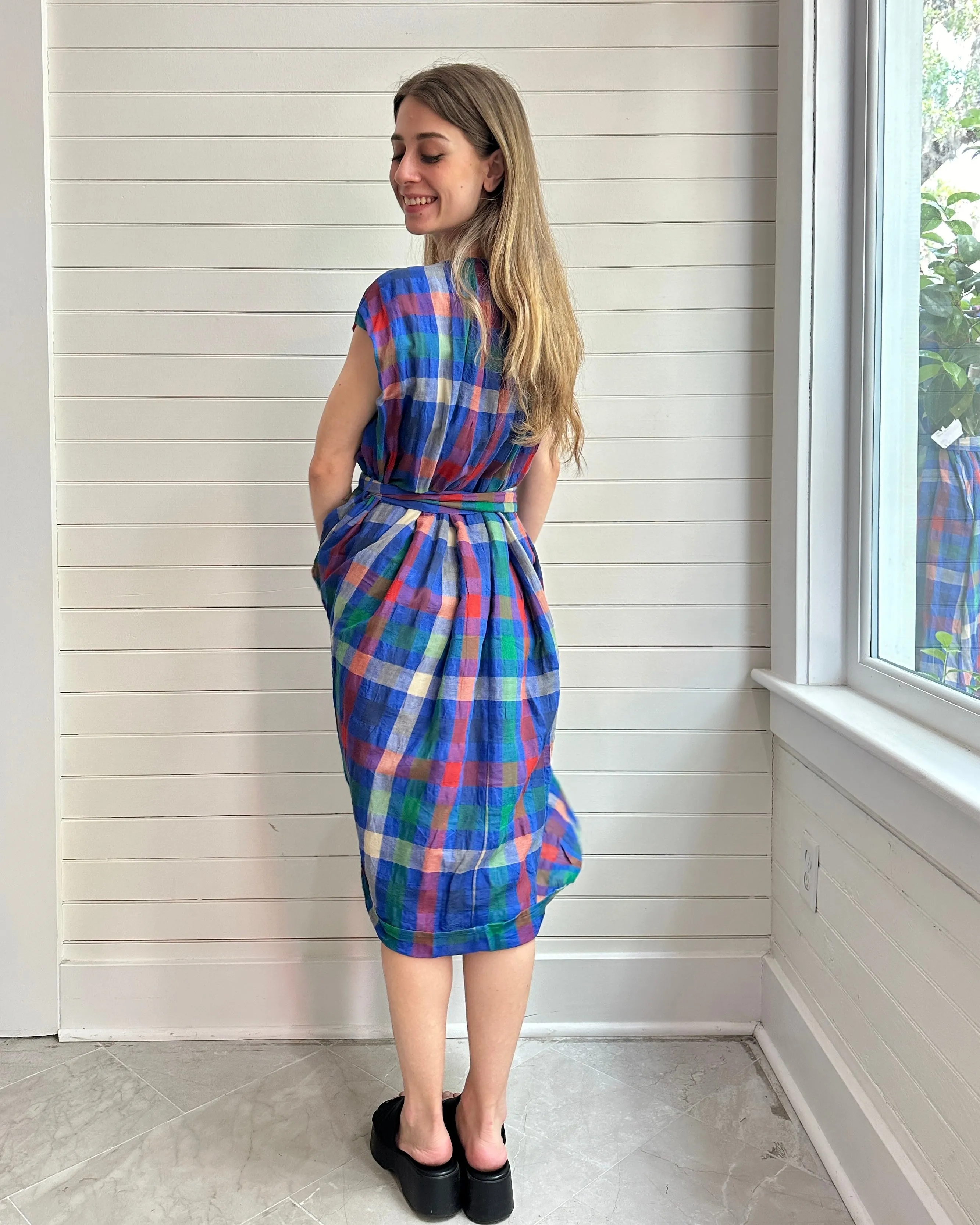 Pleated Tie Colorful Plaid  Dress
