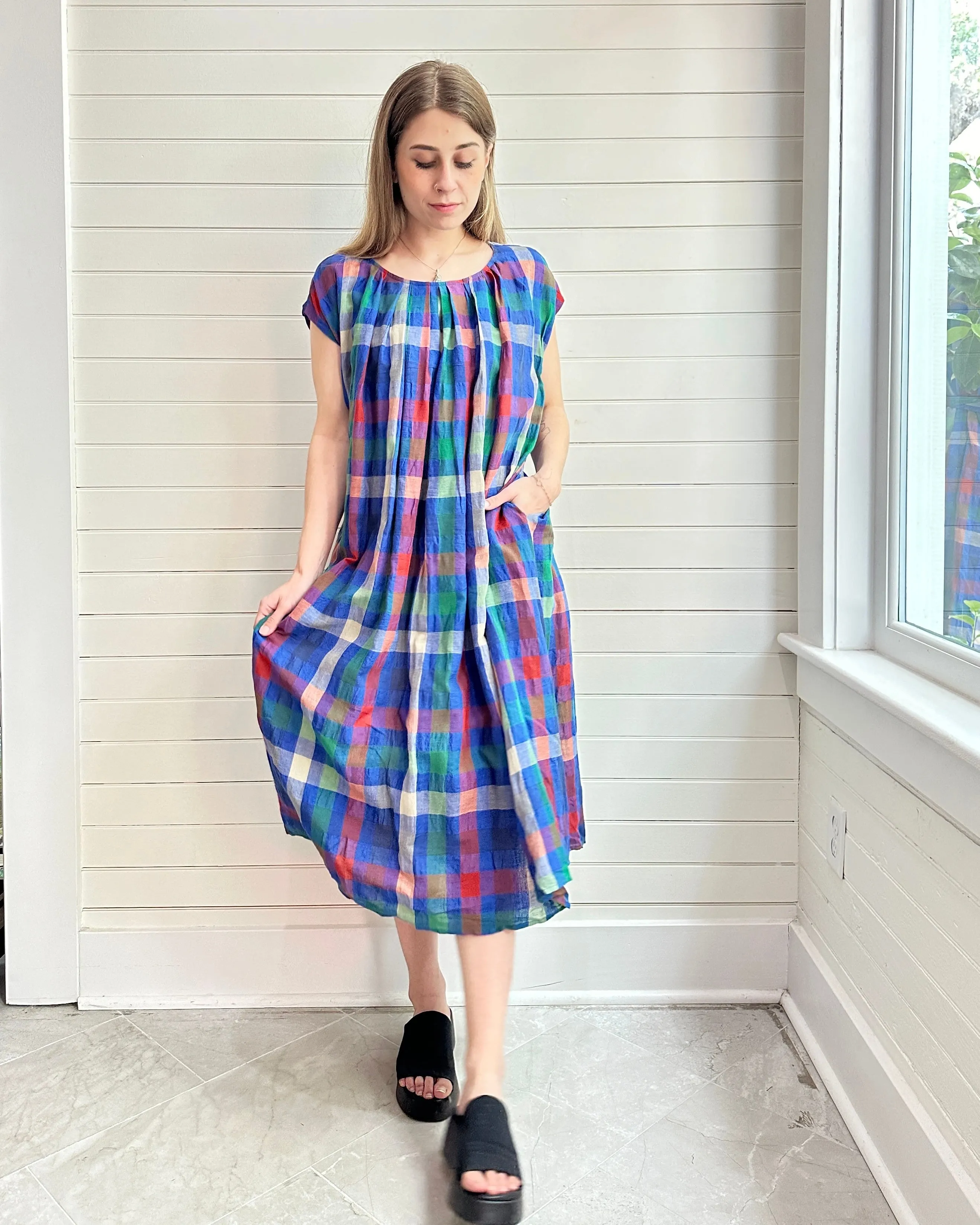 Pleated Tie Colorful Plaid  Dress