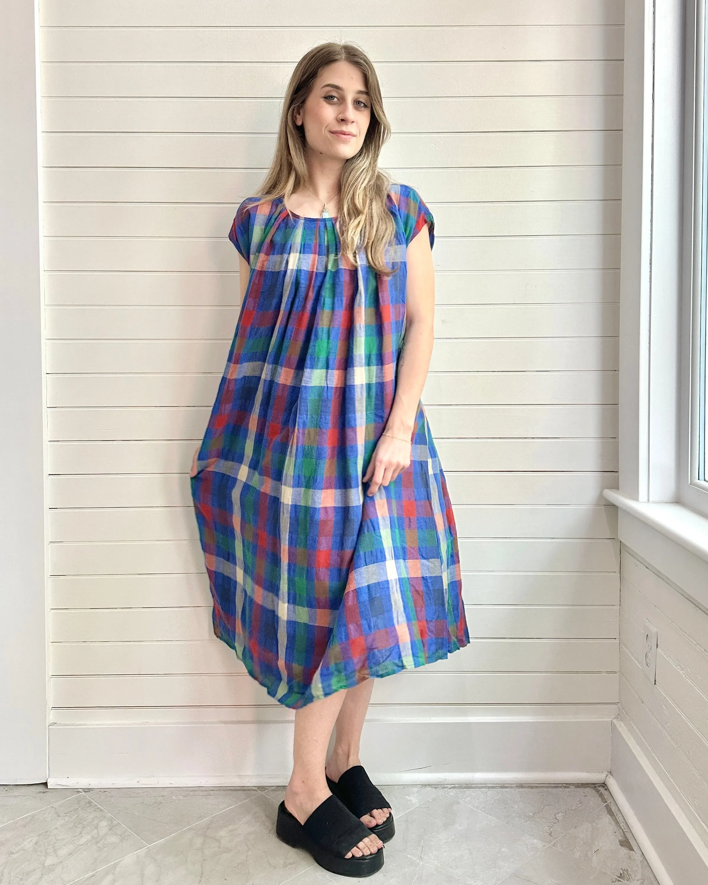 Pleated Tie Colorful Plaid  Dress