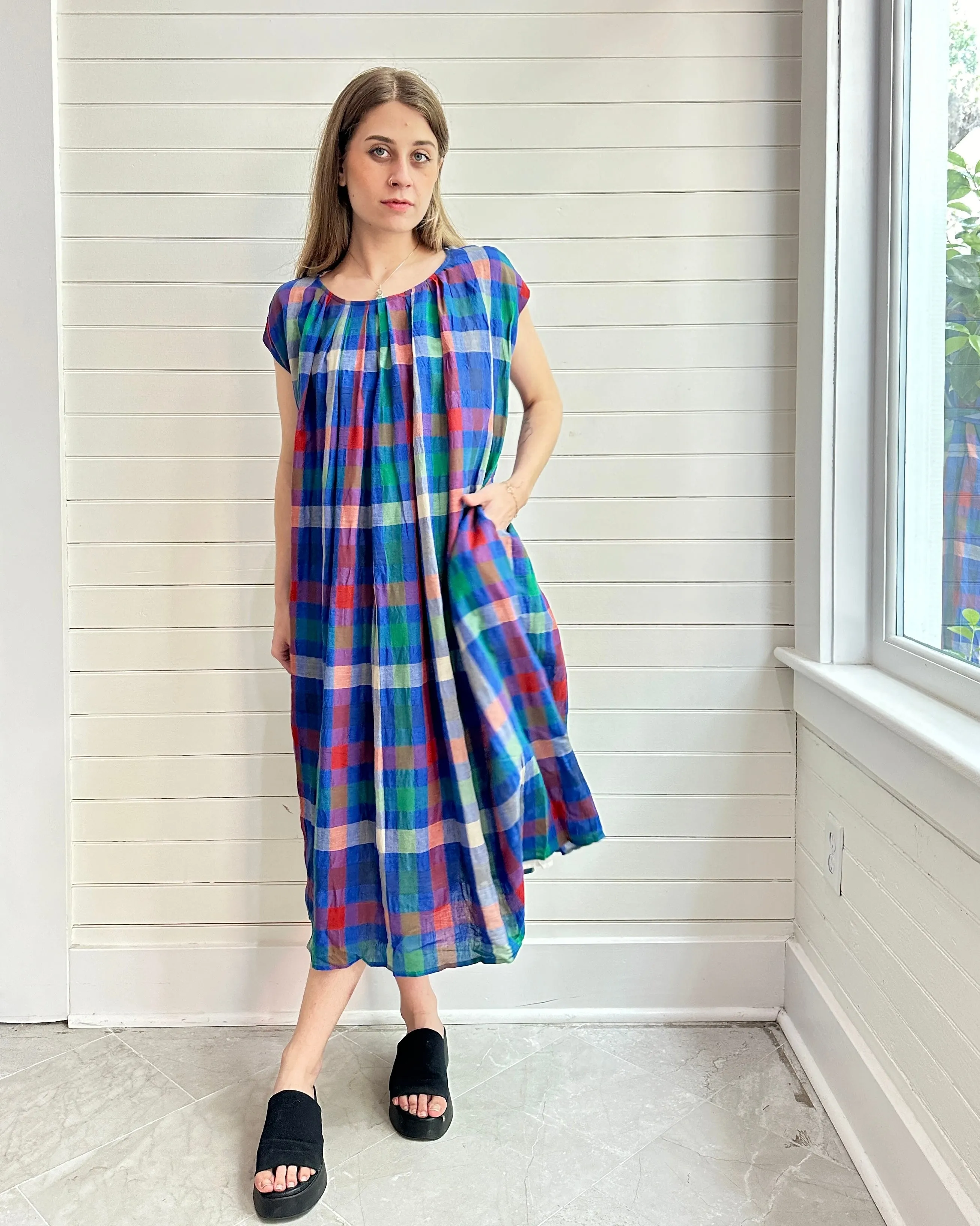 Pleated Tie Colorful Plaid  Dress