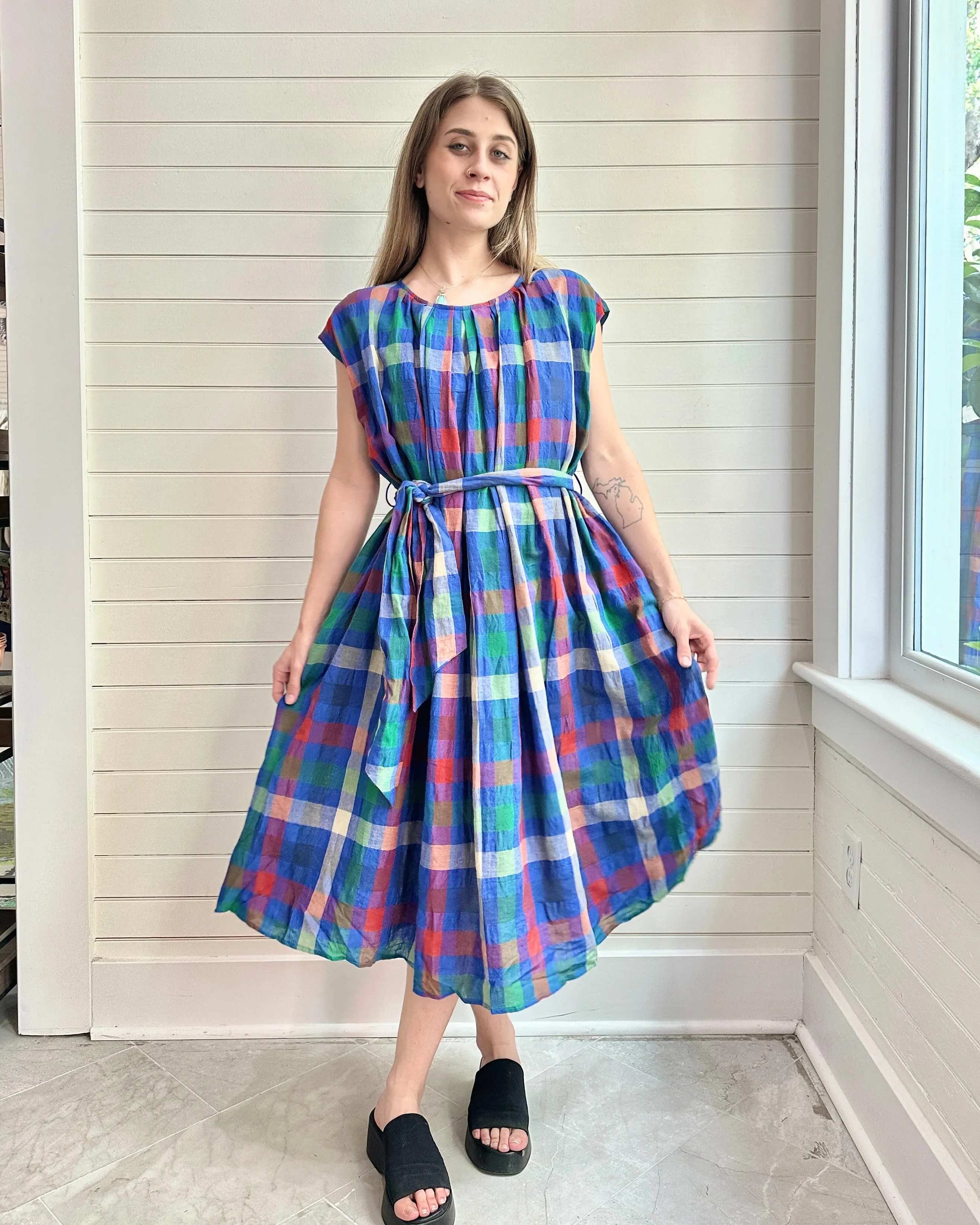 Pleated Tie Colorful Plaid  Dress