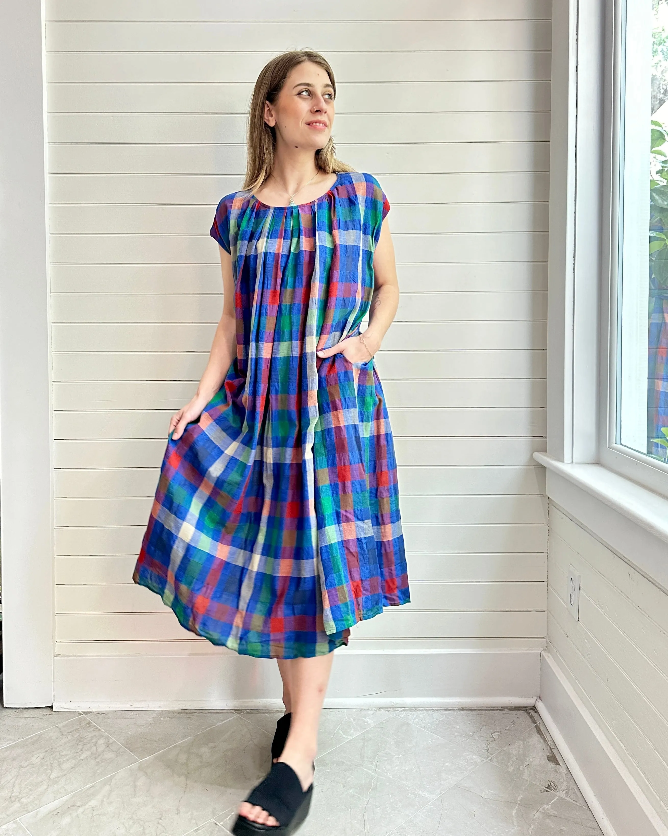 Pleated Tie Colorful Plaid  Dress