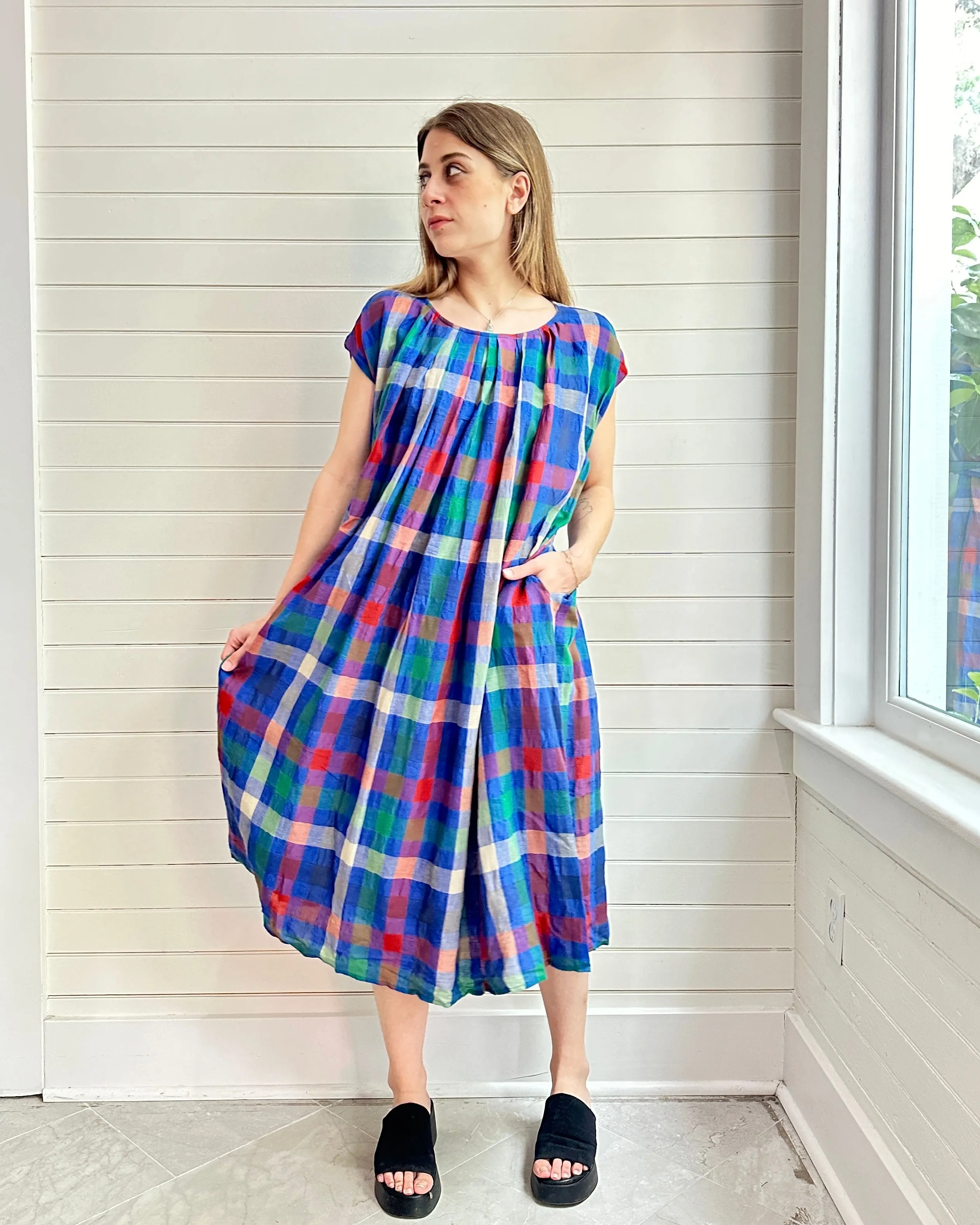 Pleated Tie Colorful Plaid  Dress