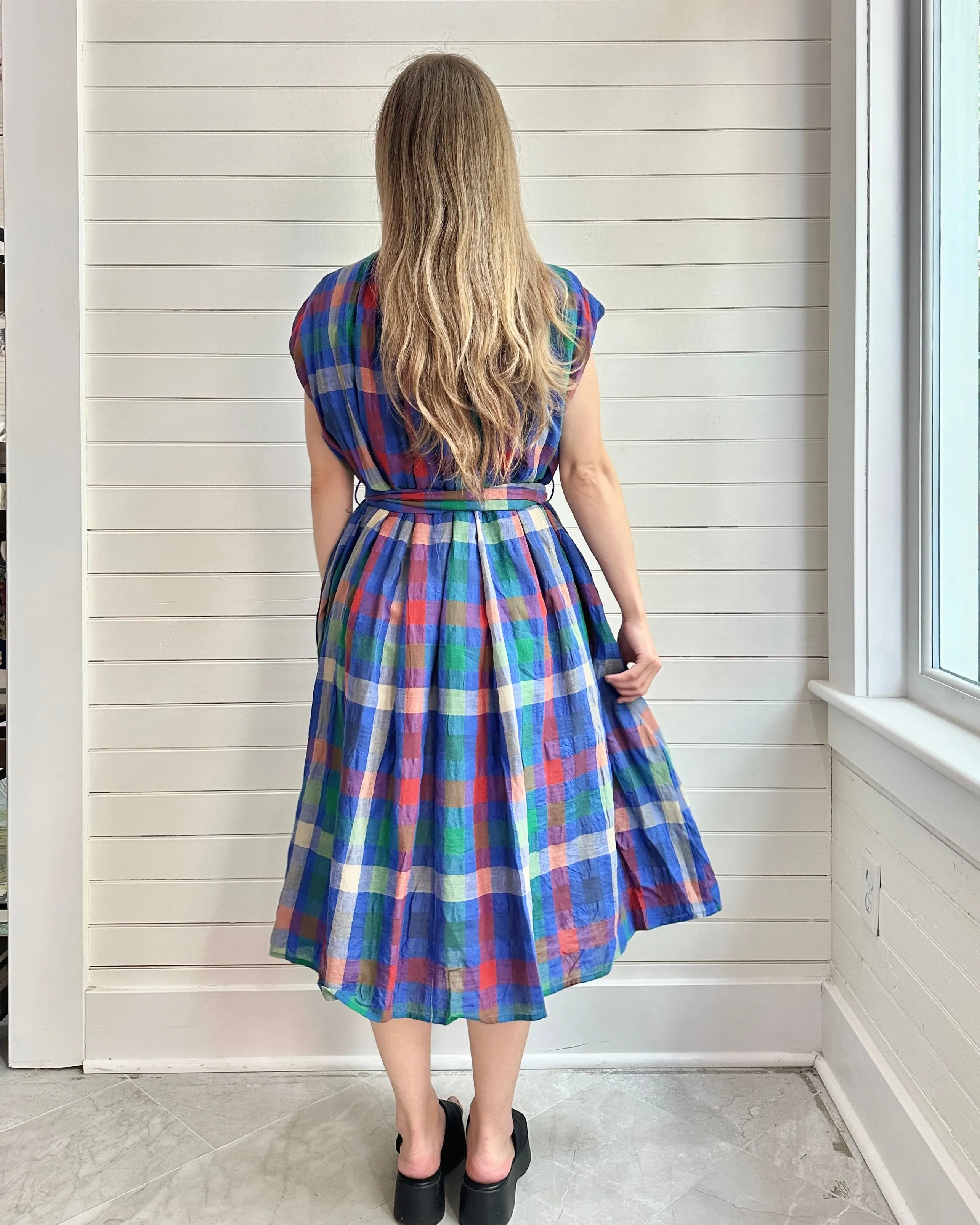 Pleated Tie Colorful Plaid  Dress