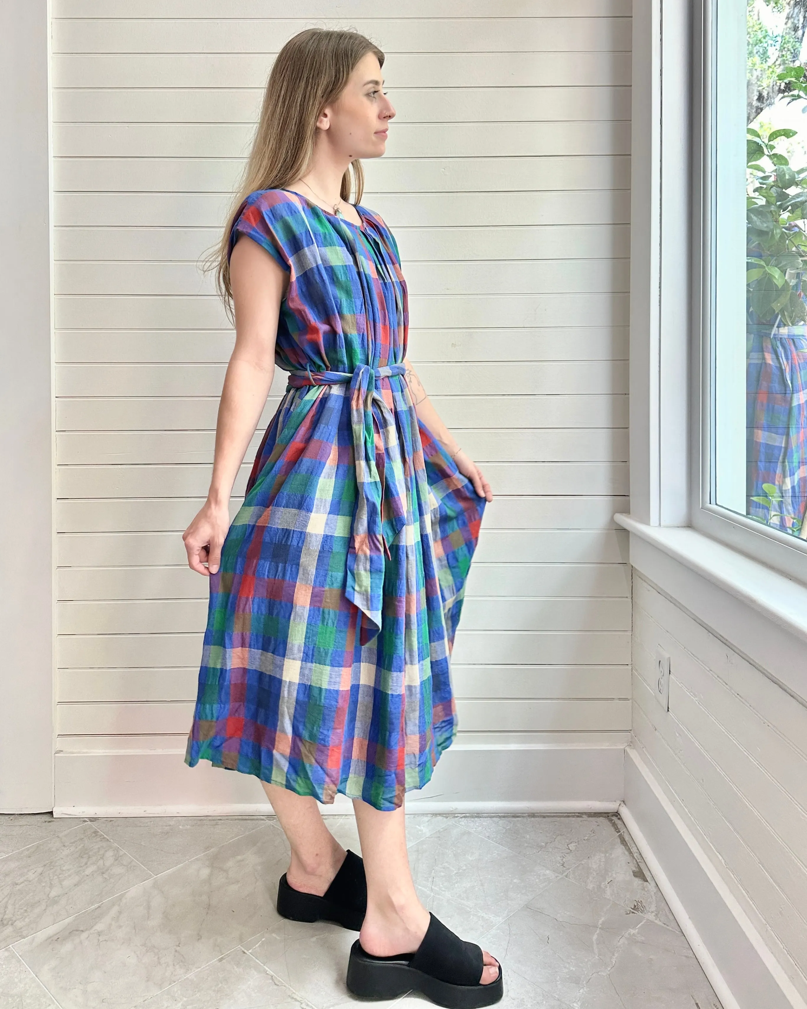 Pleated Tie Colorful Plaid  Dress