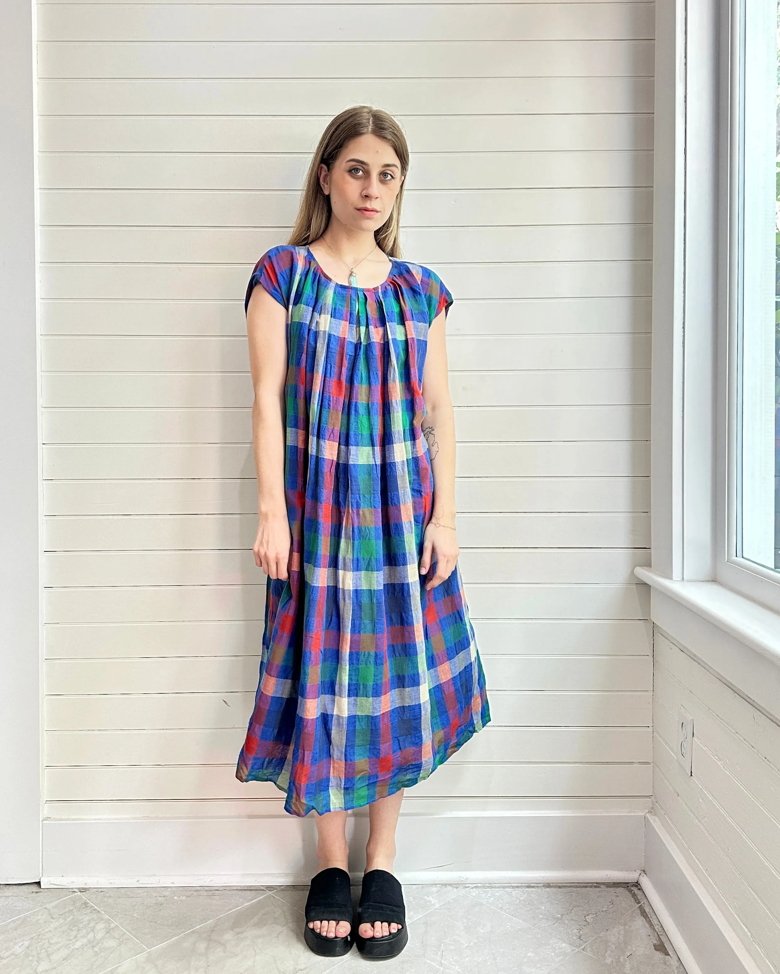 Pleated Tie Colorful Plaid  Dress