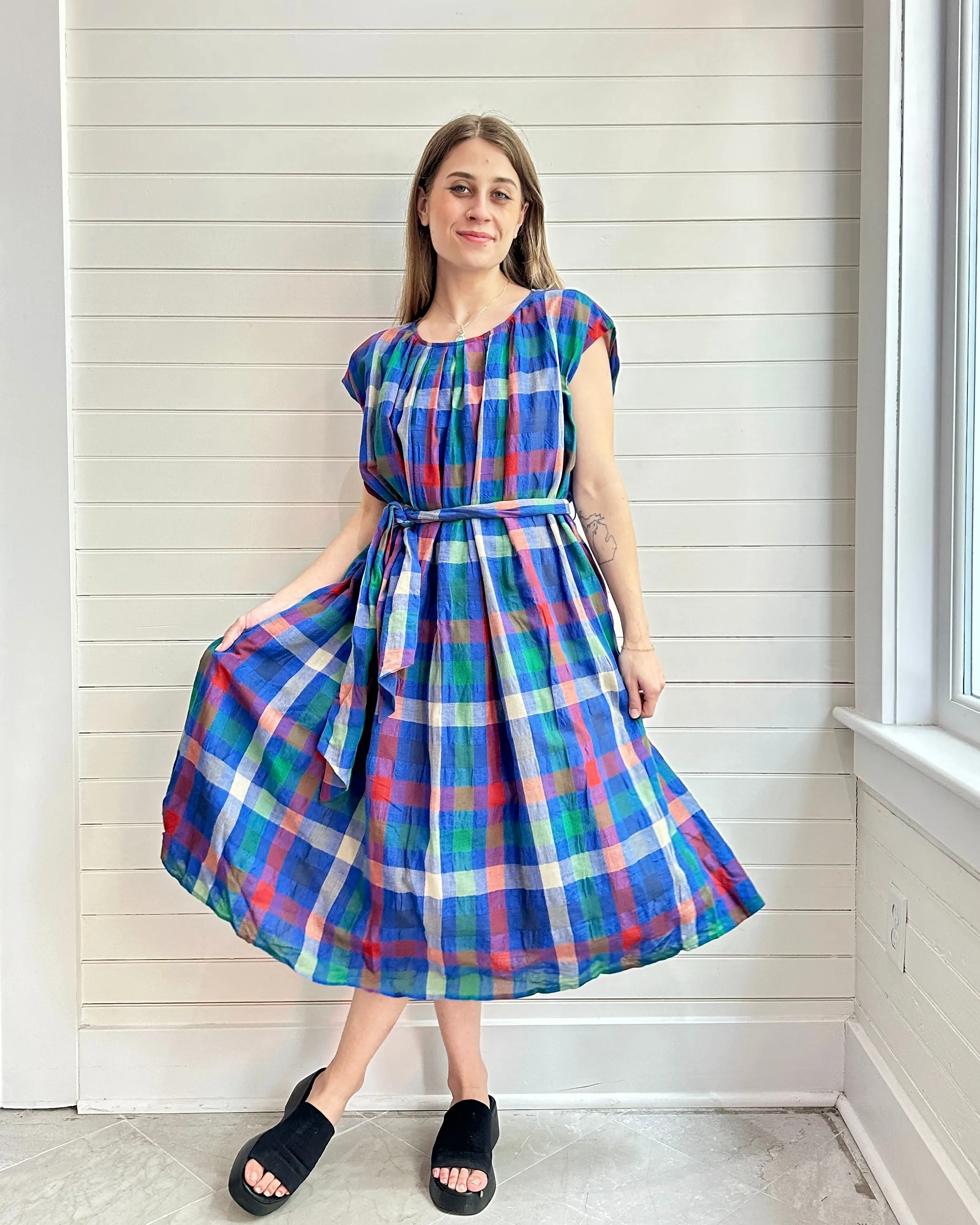 Pleated Tie Colorful Plaid  Dress