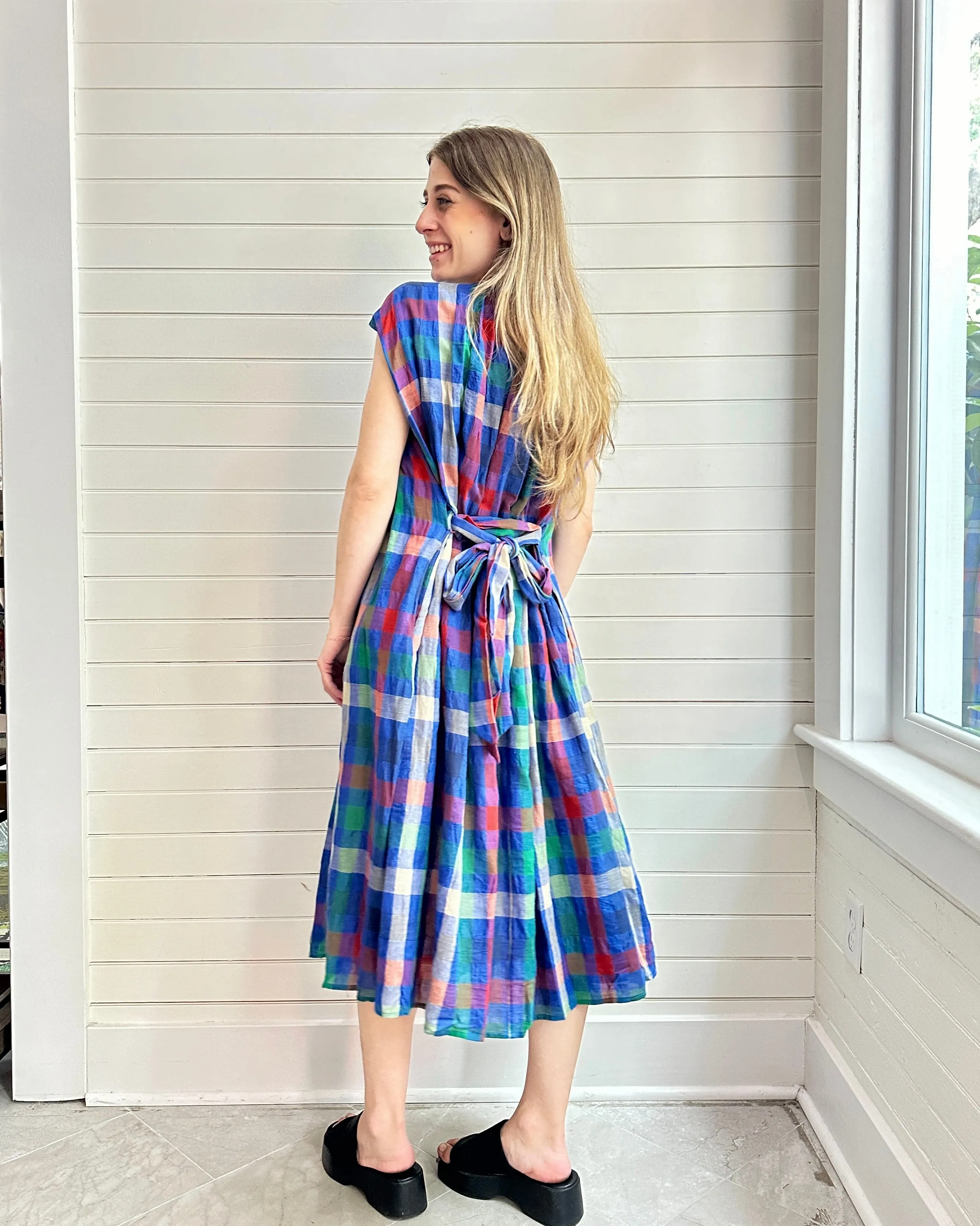 Pleated Tie Colorful Plaid  Dress