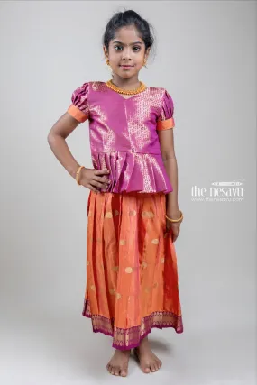 Premium Zari Paisley Designer Pink Silk Peplum Blouse with Knife Pleated yellow Silk Skirt for Girls
