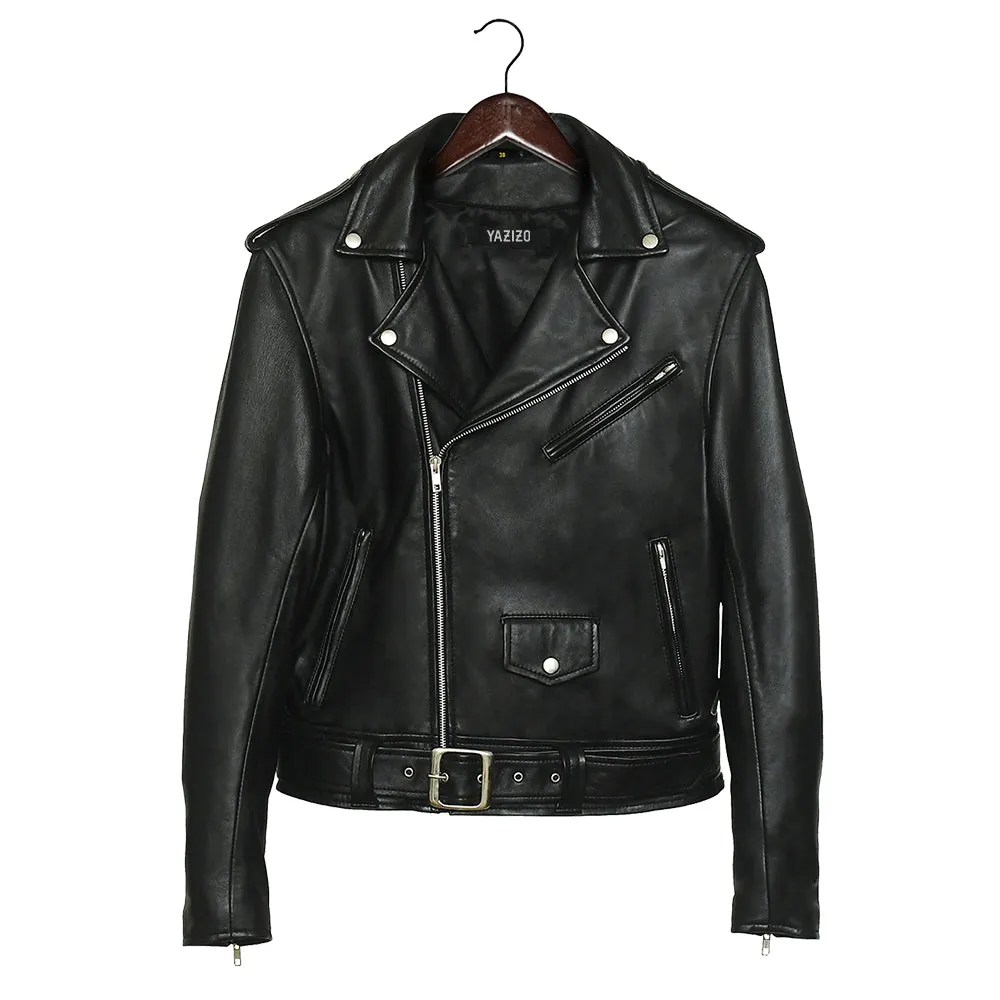 Real Biker Belted Black Leather Jacket