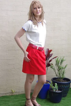 red linen skirt