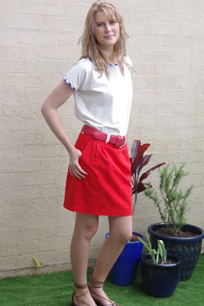 red linen skirt