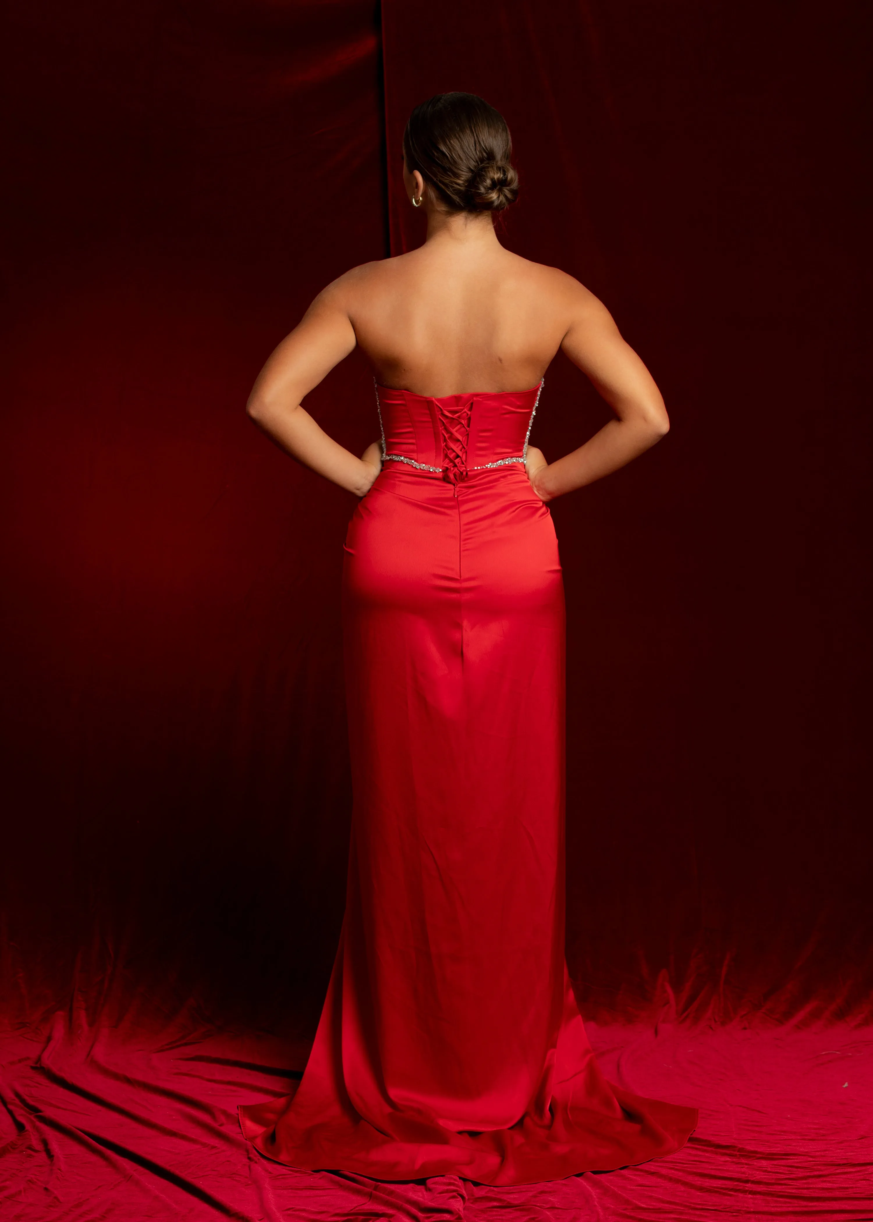 red satin sweet heart neckline with crystal details