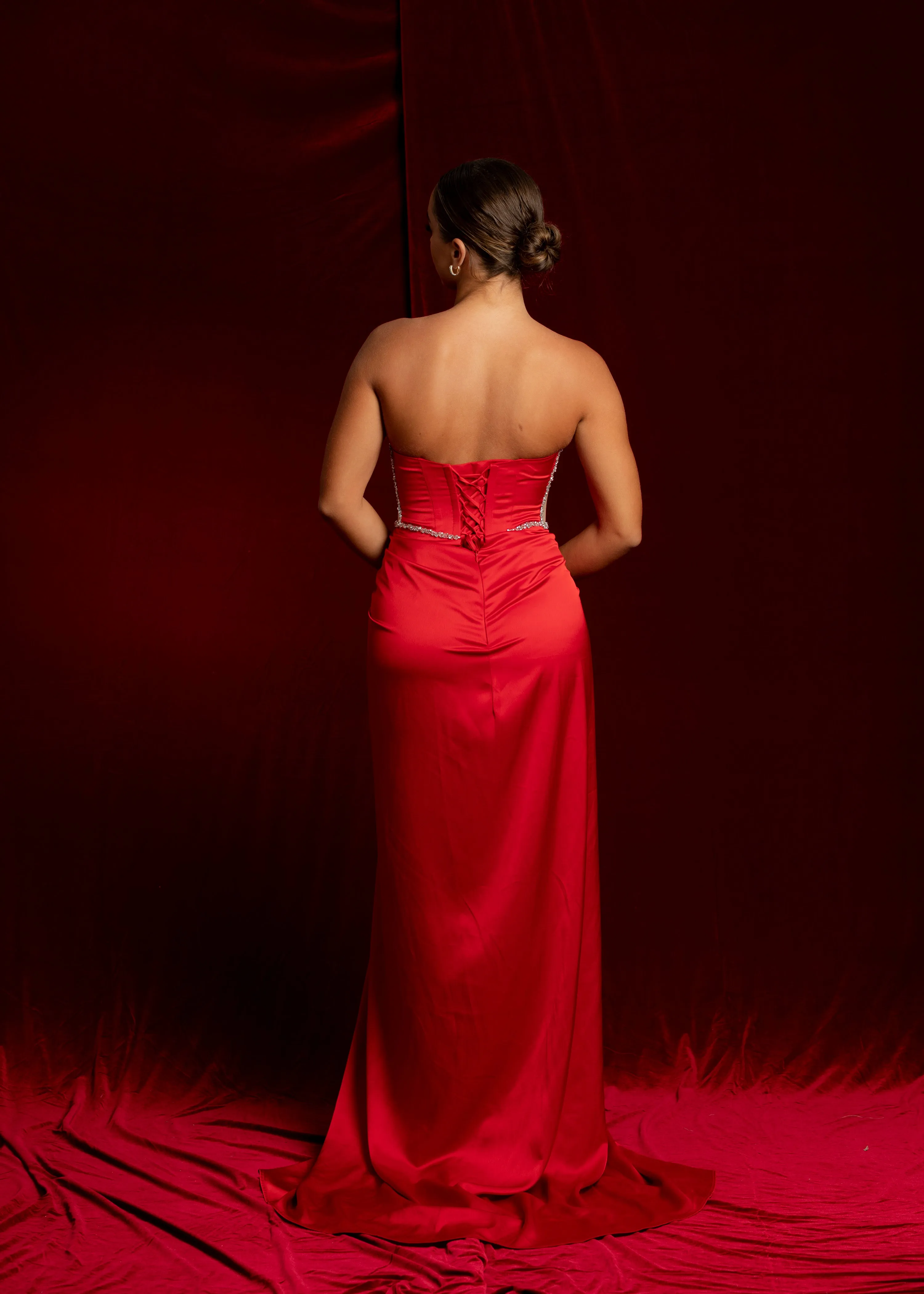 red satin sweet heart neckline with crystal details