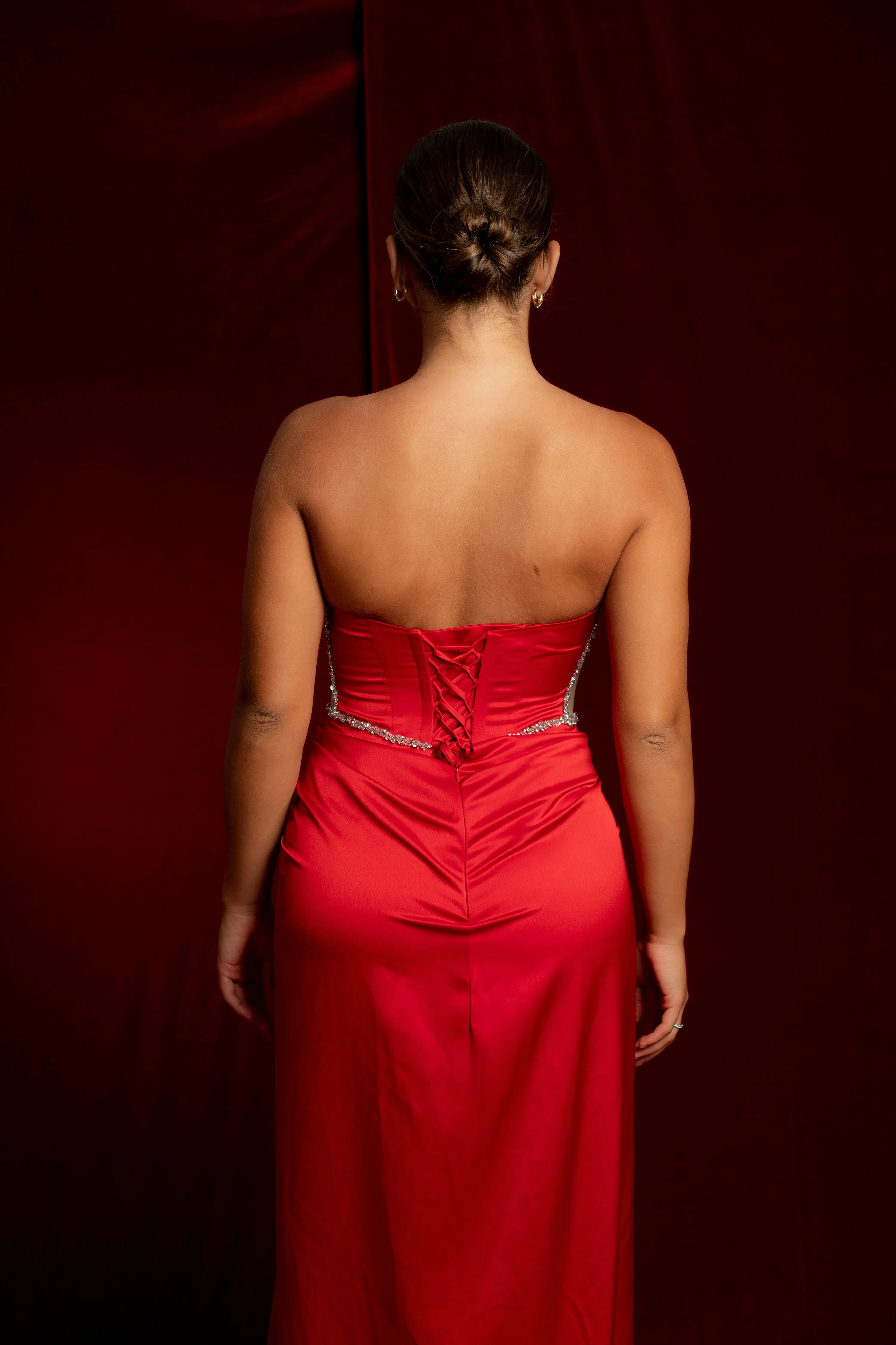 red satin sweet heart neckline with crystal details