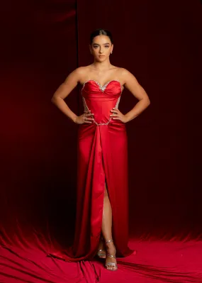 red satin sweet heart neckline with crystal details