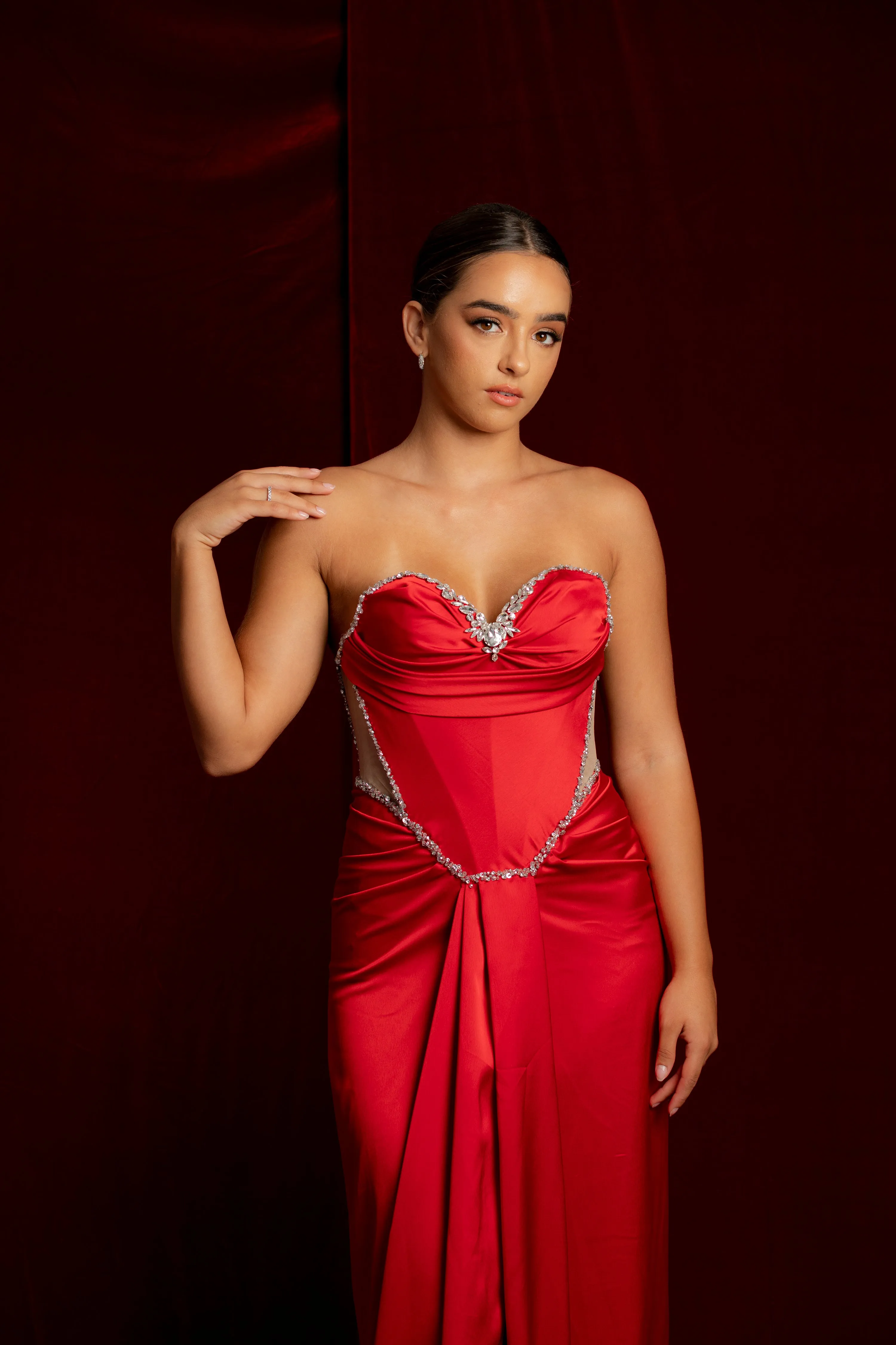 red satin sweet heart neckline with crystal details