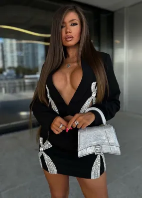 Rhinestone Decor Short Blazer & Mini Skirt