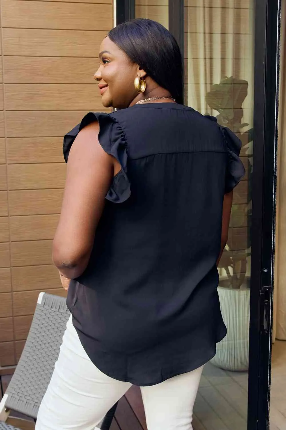 Ruffle Shoulder Notched Neck Blouse