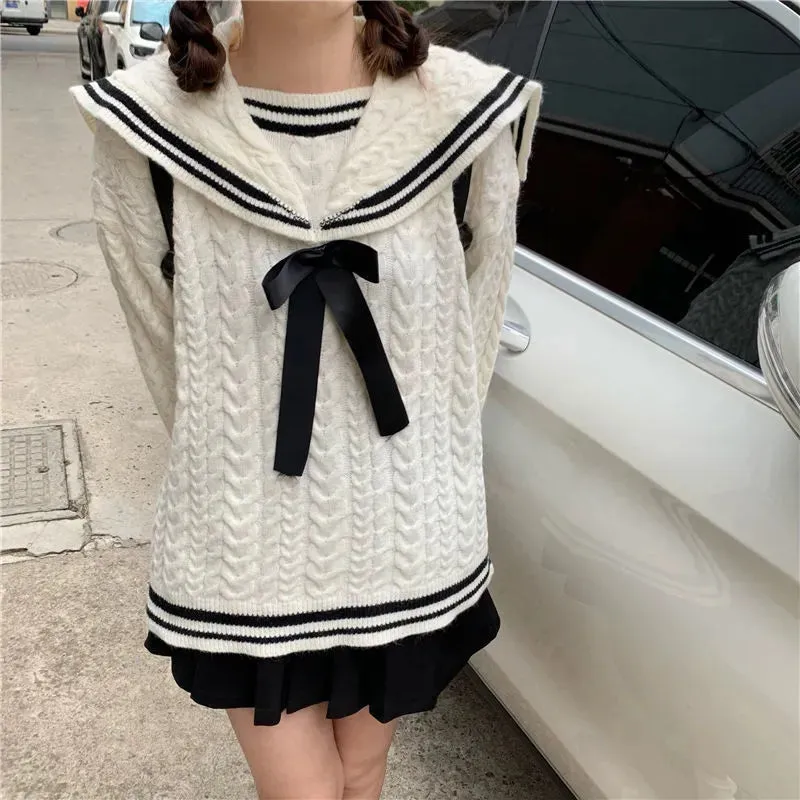 Sailor Collar Bowknot Sweater Lattice Pleated Skirt Set