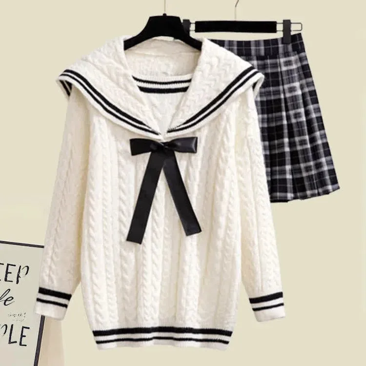 Sailor Collar Bowknot Sweater Lattice Pleated Skirt Set