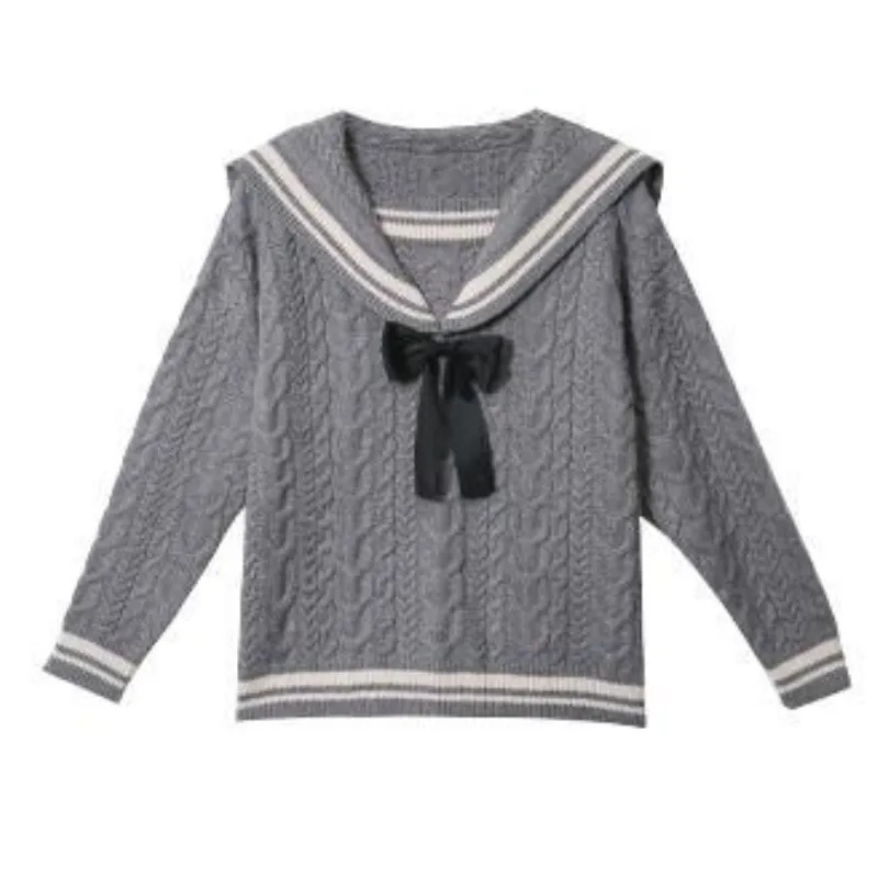 Sailor Collar Bowknot Sweater Lattice Pleated Skirt Set
