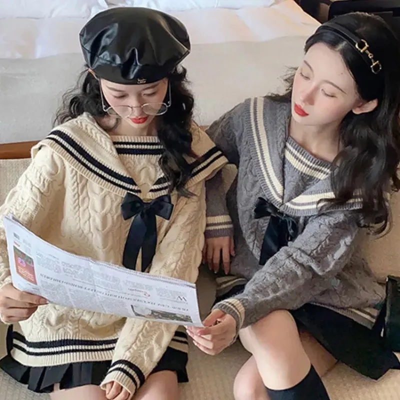 Sailor Collar Bowknot Sweater Lattice Pleated Skirt Set