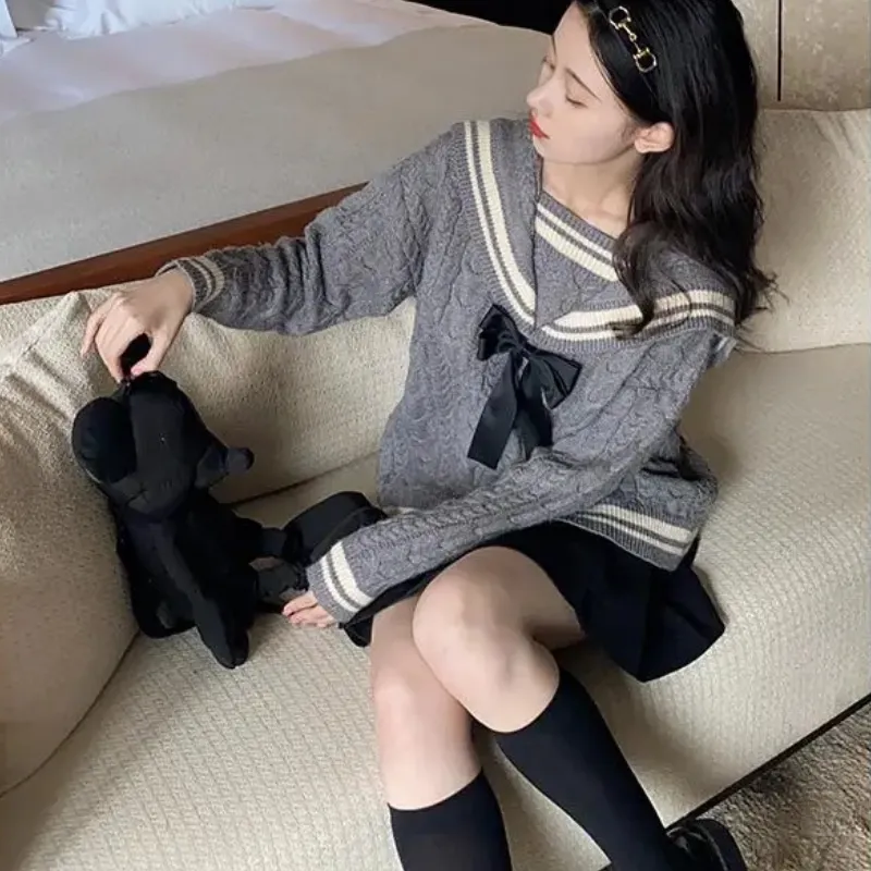 Sailor Collar Bowknot Sweater Lattice Pleated Skirt Set