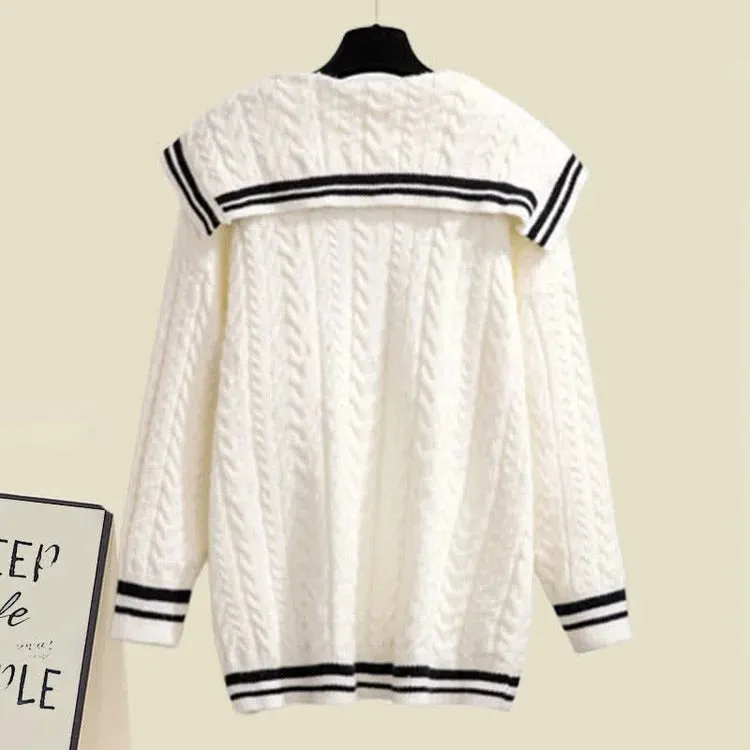Sailor Collar Bowknot Sweater Lattice Pleated Skirt Set