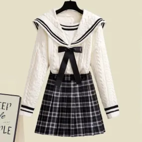 Sailor Collar Bowknot Sweater Lattice Pleated Skirt Set