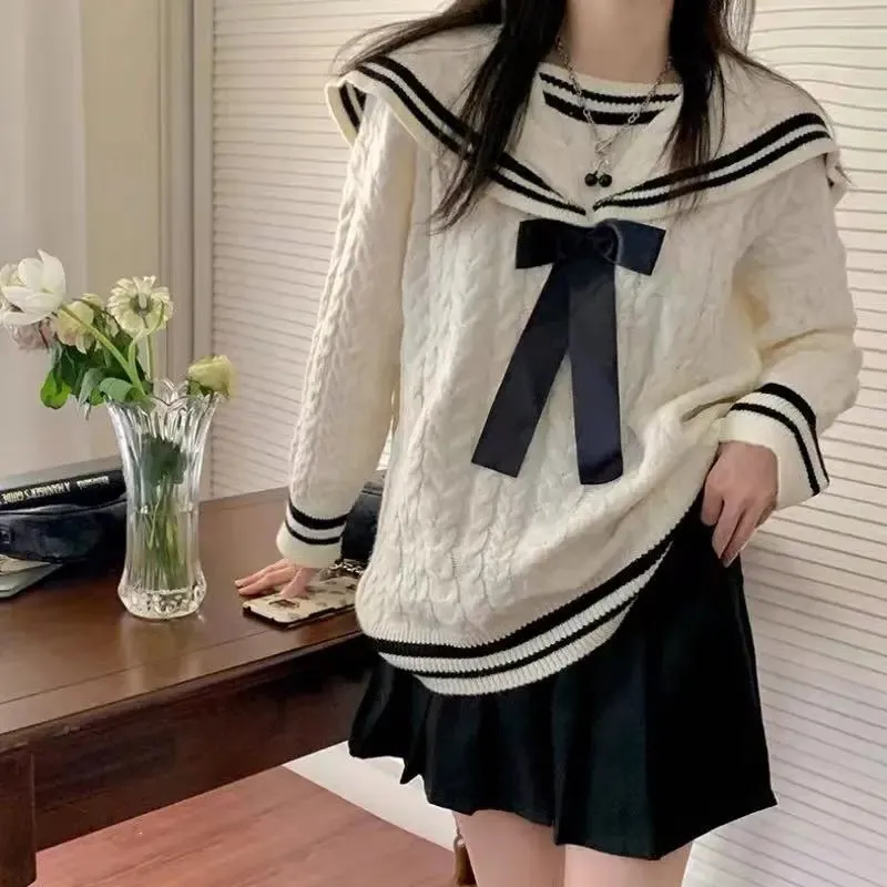 Sailor Collar Bowknot Sweater Lattice Pleated Skirt Set