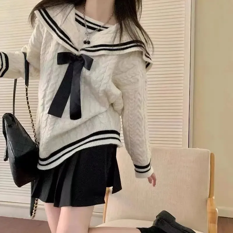 Sailor Collar Bowknot Sweater Lattice Pleated Skirt Set