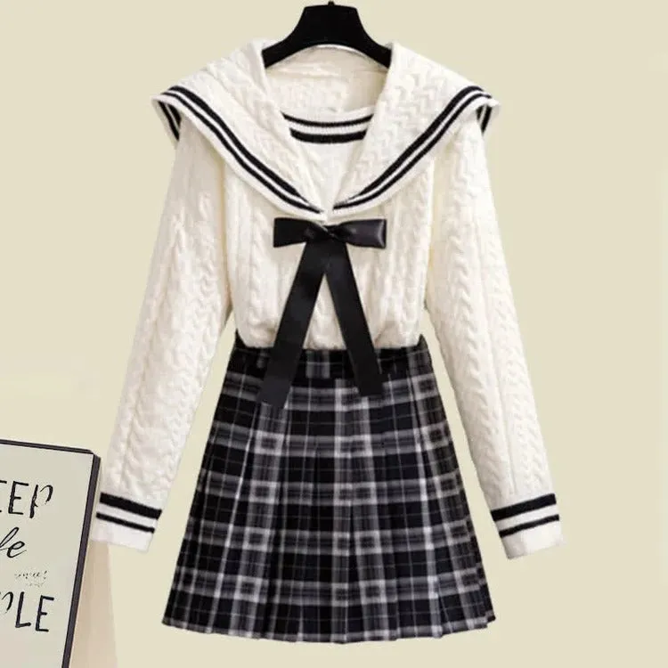 Sailor Collar Bowknot Sweater Lattice Pleated Skirt Set