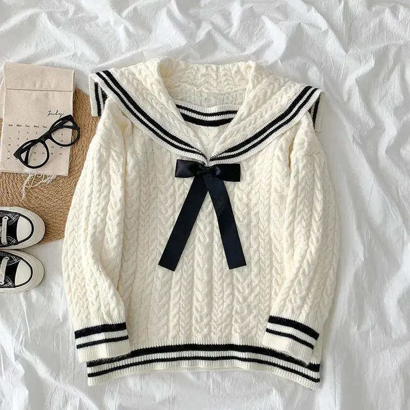 Sailor Collar Bowknot Sweater Lattice Pleated Skirt Set