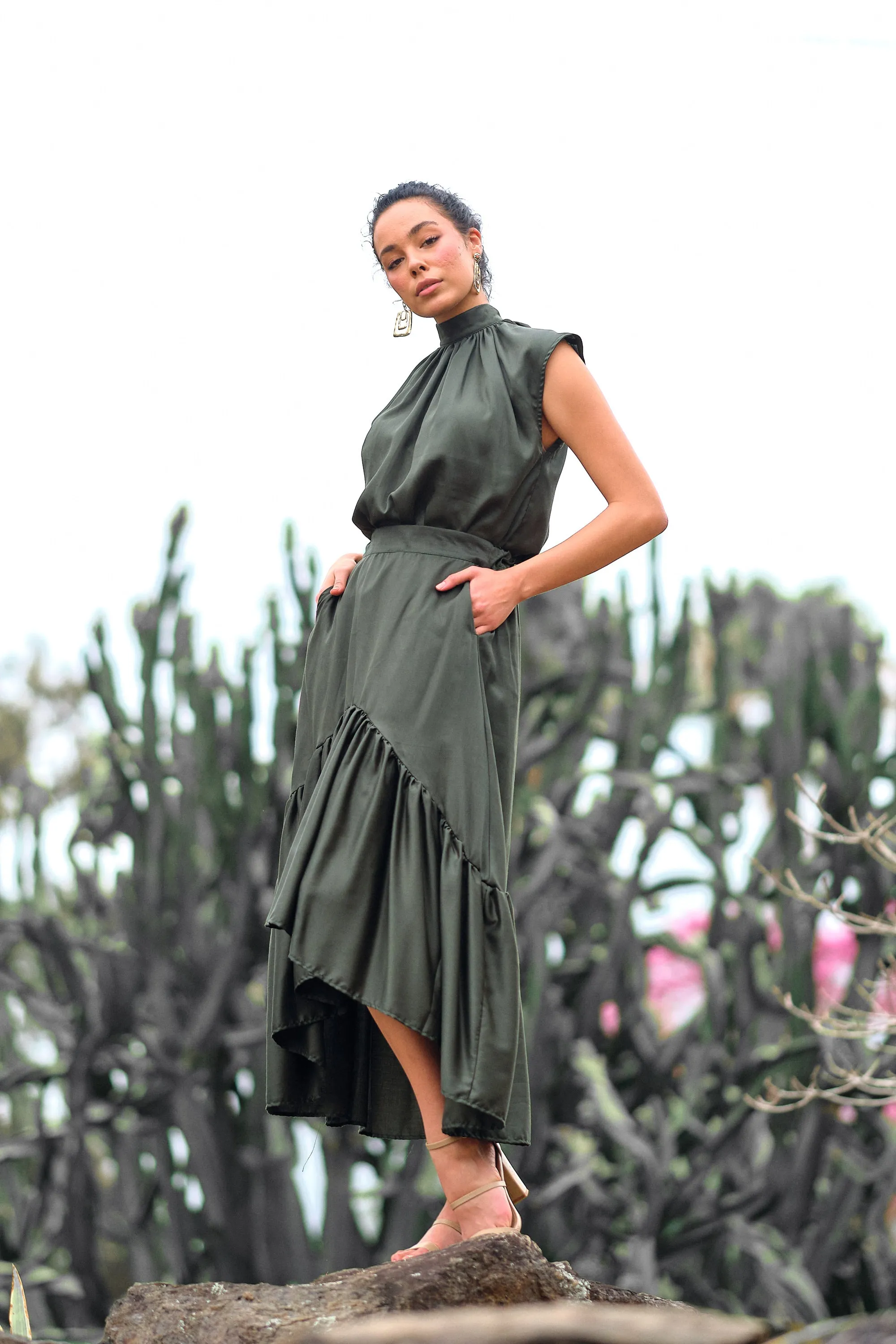 Salma Asymmetric Frill Skirt - Forest Green (Tencel)