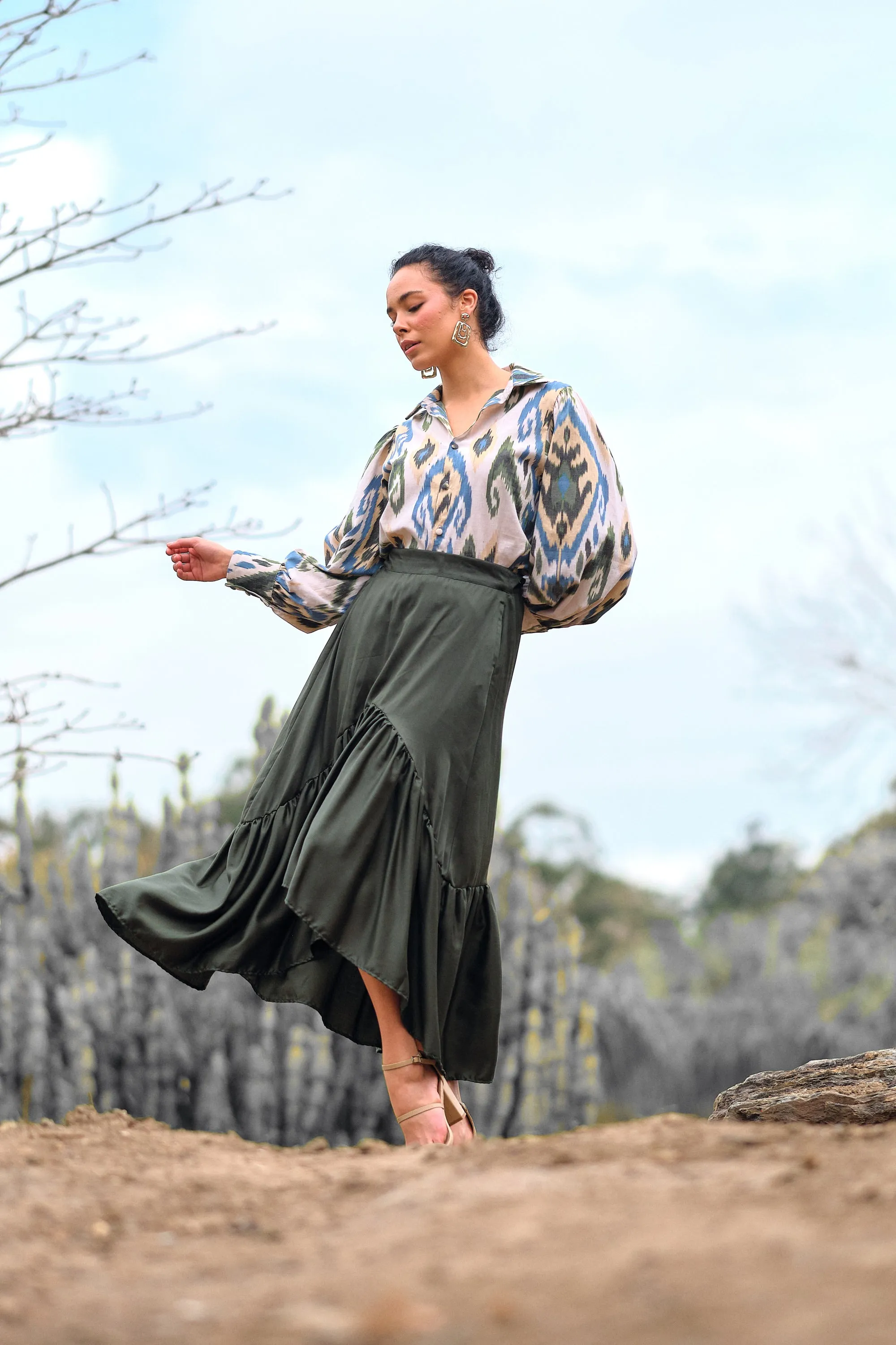 Salma Asymmetric Frill Skirt - Forest Green (Tencel)