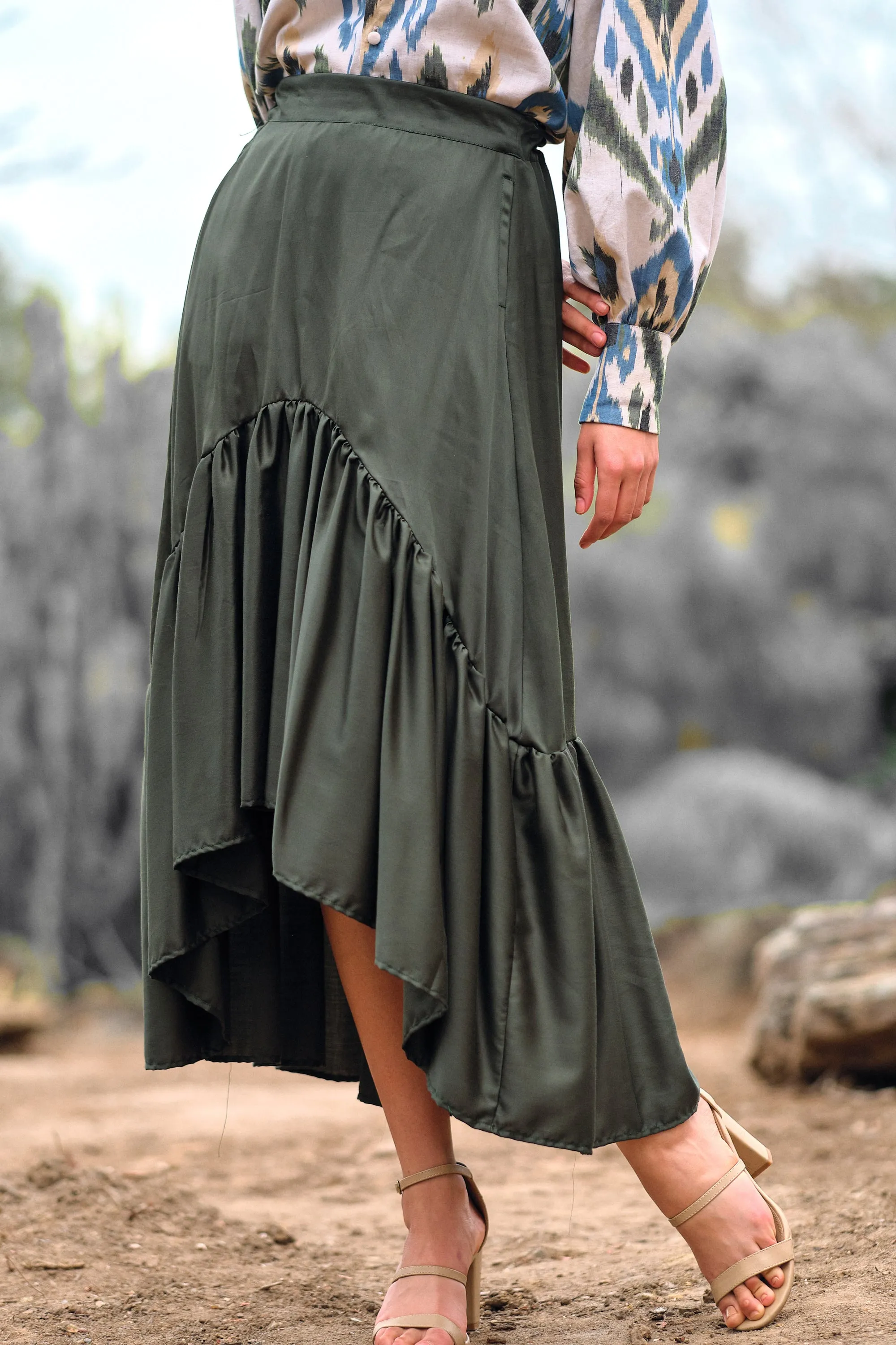 Salma Asymmetric Frill Skirt - Forest Green (Tencel)