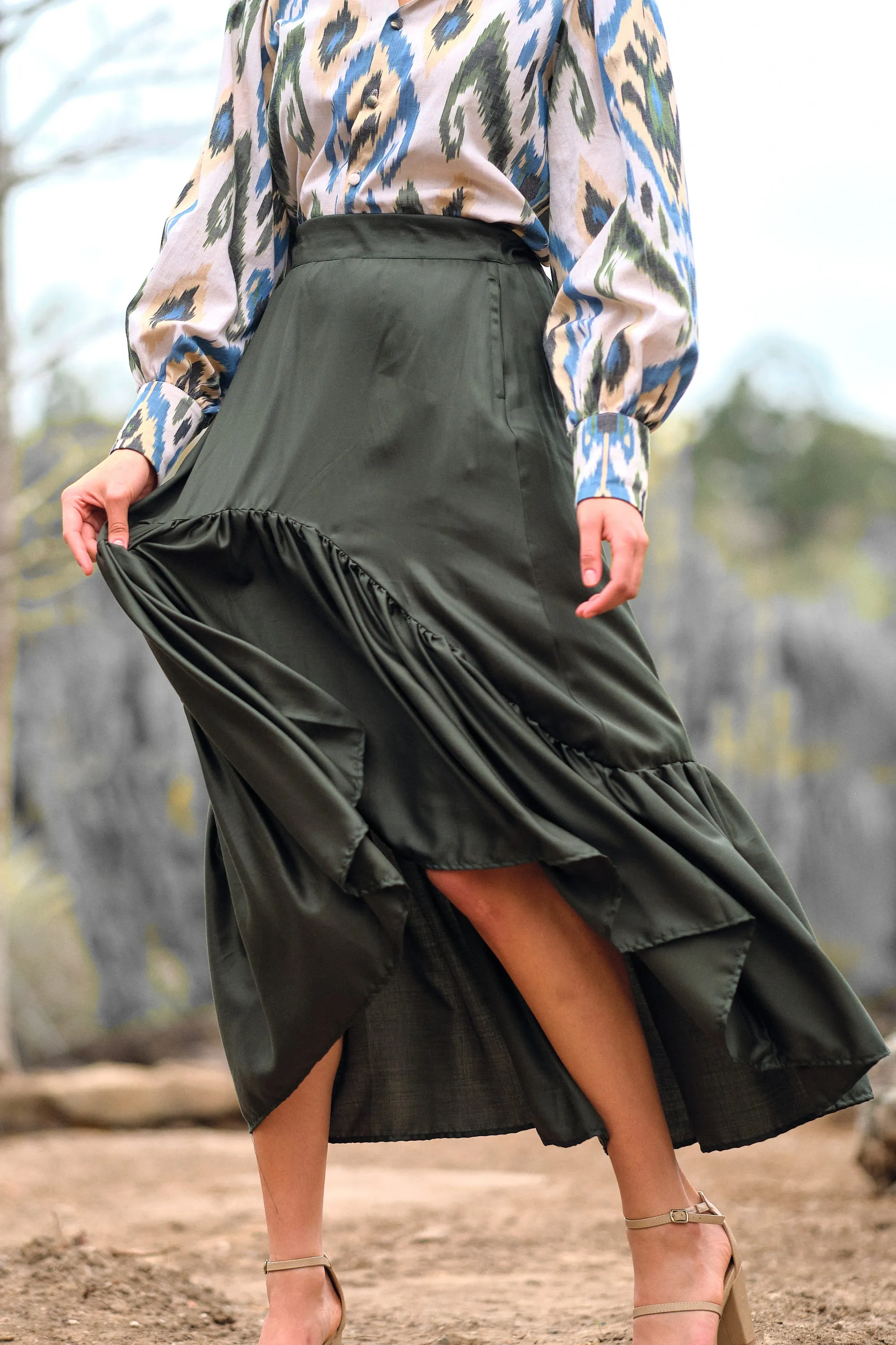 Salma Asymmetric Frill Skirt - Forest Green (Tencel)