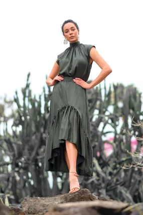 Salma Asymmetric Frill Skirt - Forest Green (Tencel)