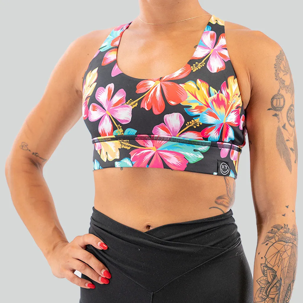 Salty Savage Ladies Cross Back Sports Bra | Wet Suit Performance | Hawaiian Flowers