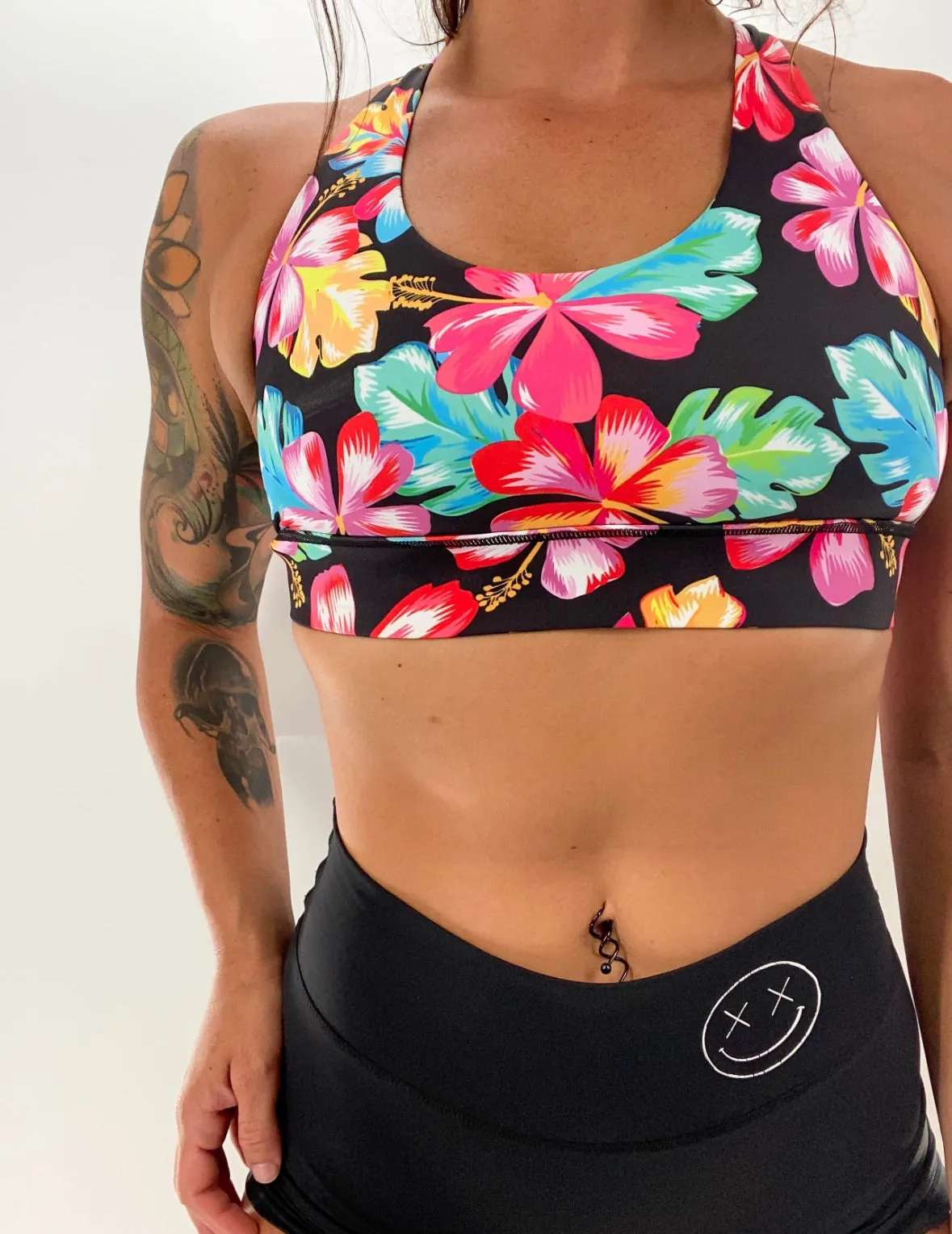 Salty Savage Ladies Cross Back Sports Bra | Wet Suit Performance | Hawaiian Flowers